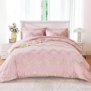 Wowelife Twin/Twin XL Comforter Set for Girls Kids, Twin Bedding Sets for Girls 5 Pieces Pink Gold Glitter Foil Bed in A Bag with Comforter, Flat Sheet, Fitted Sheet, 1 Pillow Sham and 1 Pillowcase