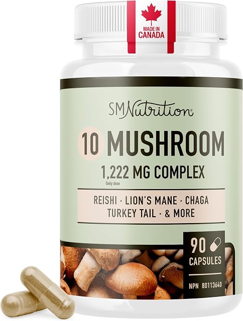 10 Mushroom Blend Supplement | Lions Mane, Turkey Tail, Cordyceps, Reishi, Shiitake, Maitake Extract Mushroom Support Complex | Antioxidants & Immune Support | Made in Canada, Gluten-Free | 90 Ct