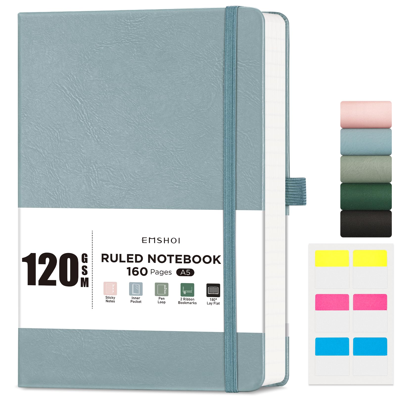 EMSHOI A5 Notebook Lined Journal, 120 GSM Paper Hardcover Notepad for Work 160 Pages College Ruled Note Book