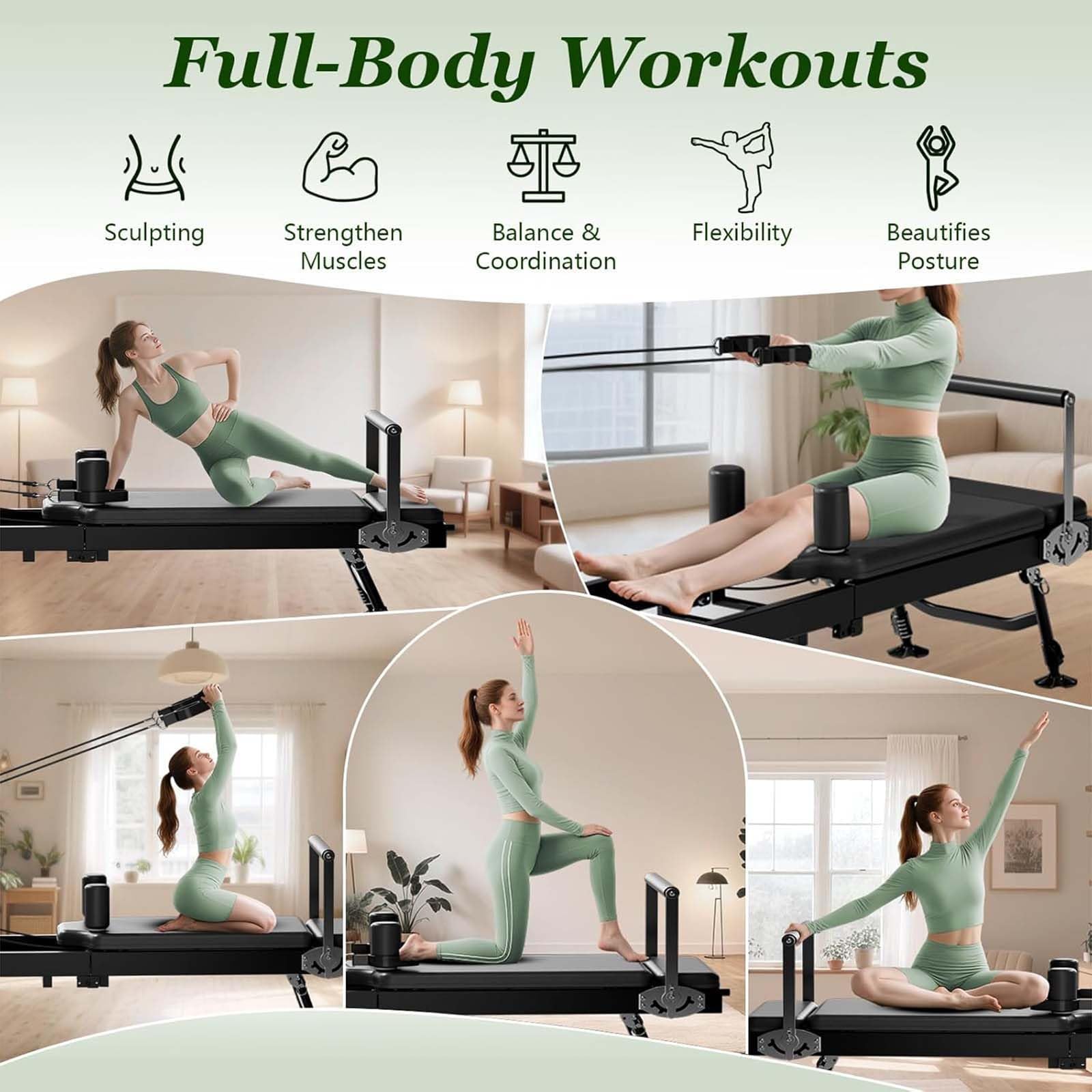 Pilates Reformer Maszyna do treningu całego ciała, składana konstrukcja, 4 sprężyny, 5 sznurków, wielofunkcyjny sprzęt do treningu podstawowego i tonowania ramion