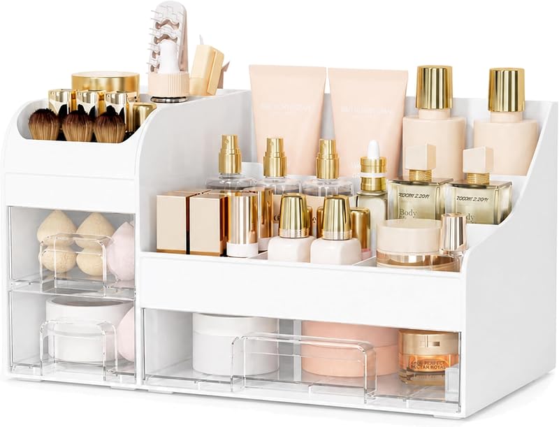 Organizador de maquiagem Mriluvy com 3 gavetas e suporte para pincéis, plástico ABS, branco transparente