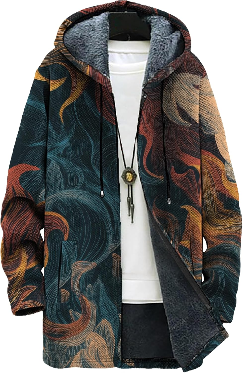 Mens Vintage Ethnic Print Fleece Lined Full-Zip Jacket Big and Tall Comfy Daily Vacation Travel Coat