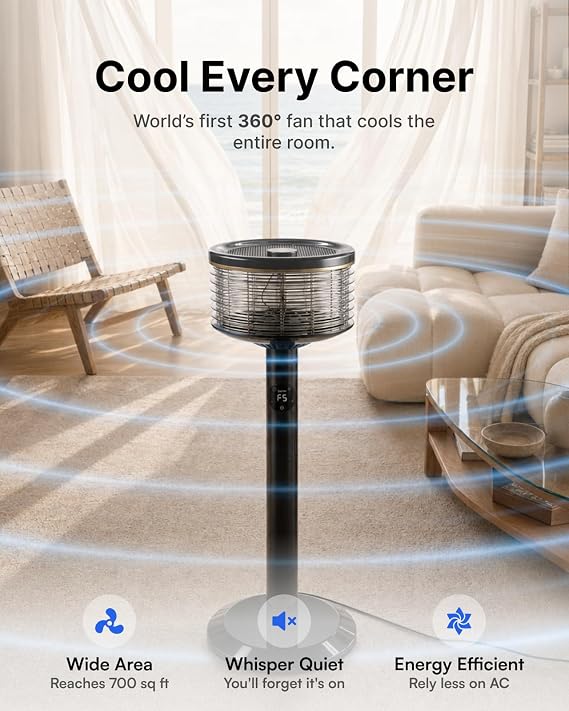 Spin360 360 Fan, Height-Adjustable Floor & Table Fan with Aromatherapy Scent Pods, Whisper-Quiet, Touchscreen, 9 Speeds, Timer & Ambient Light for Bedroom, Living Room, Office (Black)