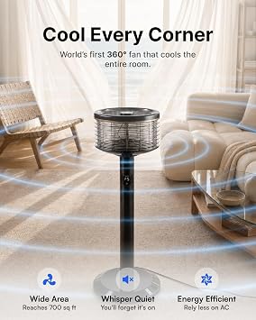 Spin360 360 Fan, Height-Adjustable Floor & Table Fan with Aromatherapy Scent Pods, Whisper-Quiet, Touchscreen, 9 Speeds, Timer & Ambient Light for Bedroom, Living Room, Office (Black)