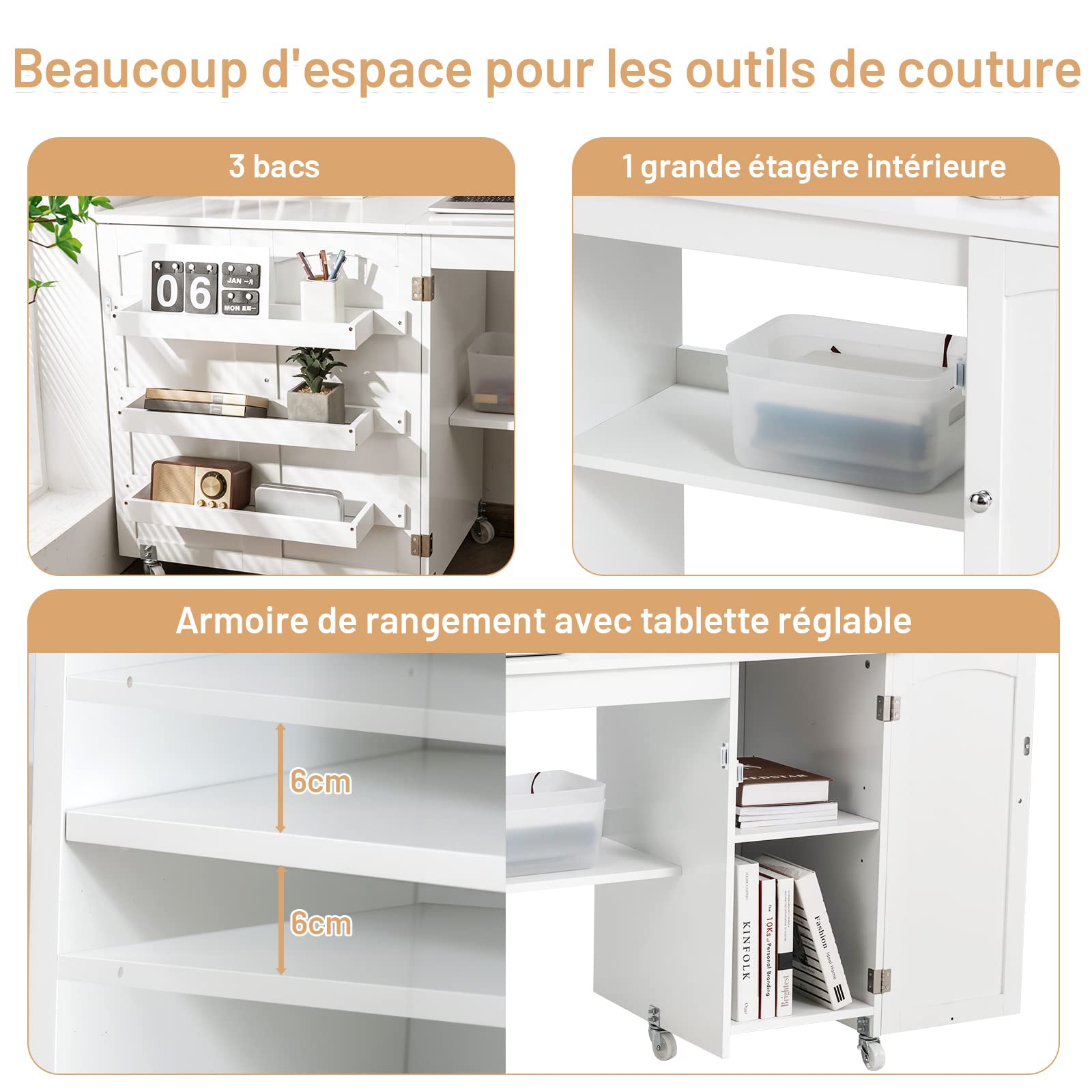 COSTWAY Bureau Pliable, Table de Couture Pliable pour Machine à Coudre, 3 Etagères pour Bobines, roulettes Universelles Verrouillables, pour Salon, Bureau, Studio, 50 x 158 x 75 cm, Blanc