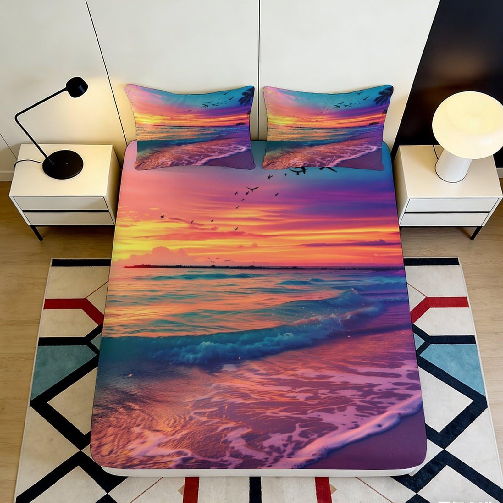 Jqzkxnhpbr Style-8 3D Printed Sunset Beach Fitted Sheet Microfiber Soft Breathable Ocean Wave Mattress Cover Bedroom Decor 90X200x25cm