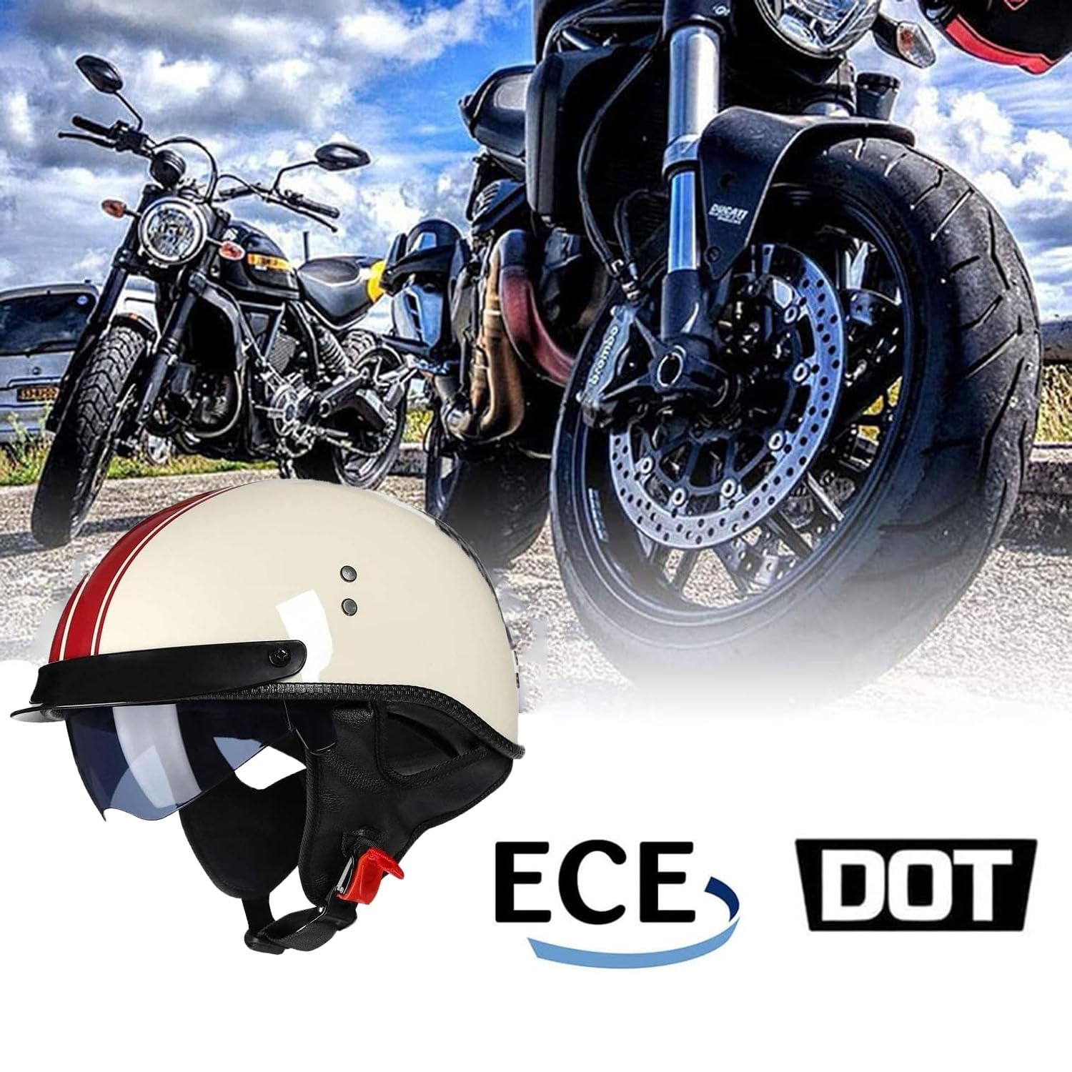 Kask motocyklowy dla dorosłych z otwartą twarzą Kask motocyklowy w stylu niemieckim, półkask retro z homologacją ECE, męski i damski kask motocyklowy w stylu retro do motoroweru Cruiser Bobber(1,M(57-