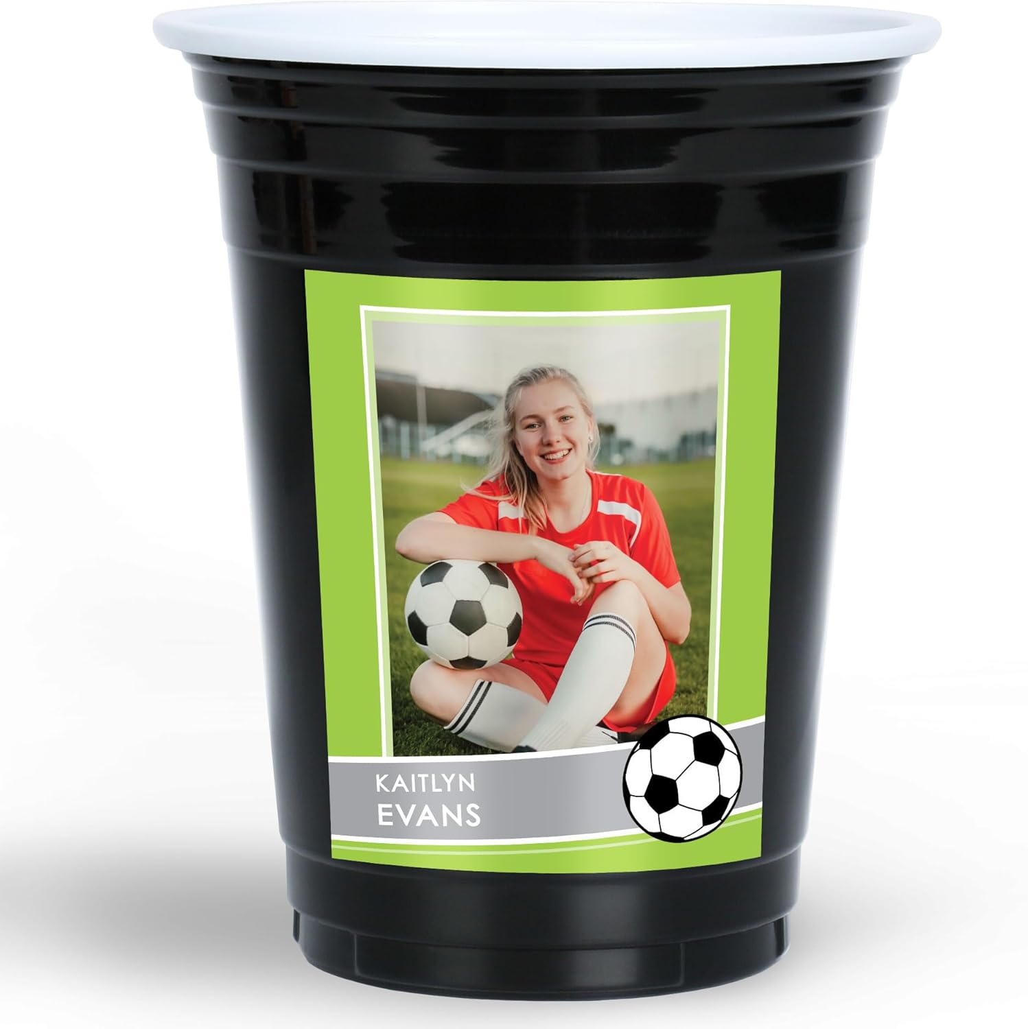 Big Dot of Happiness Custom Soccer Cups, 16oz Disposable Drinkware, Sports Birthday Party Table Decor, Custom Party Cups (Black) & Personalized Photo Stickers - 16 Pack