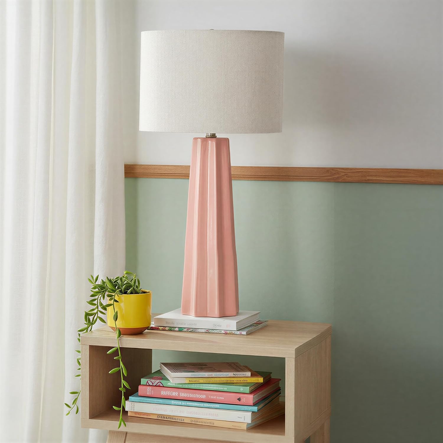 Creative Co-Op Round Enameled Aluminum Fluted Table Lamp with Linen Shade, Pink