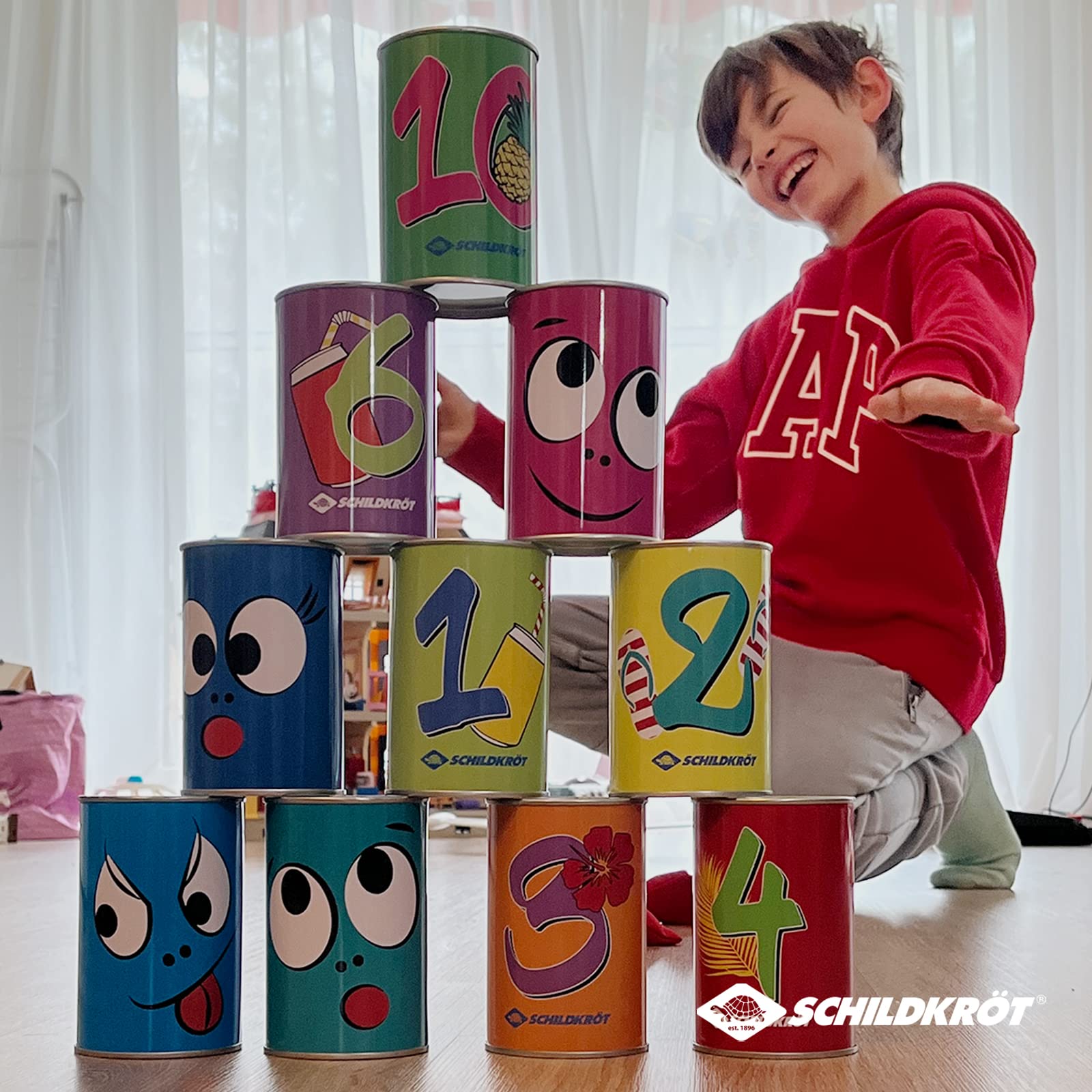 Schildkröt Gioco del Lancio della Lattina per Feste di Compleanno di Bambini, Gioco da Giardino, 10 Lattine di Metallo e 3 Sacchetti, per Interni ed Esterni