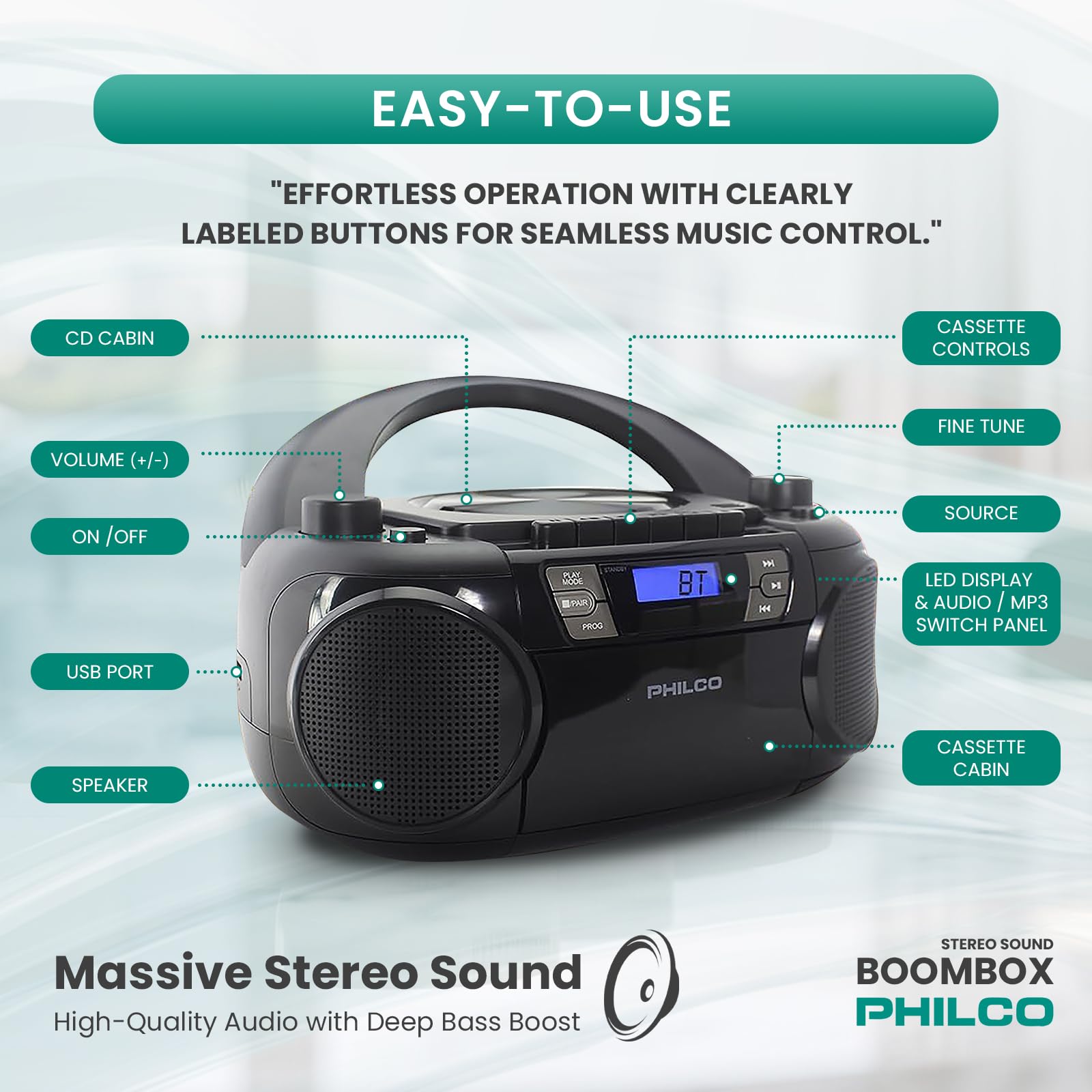 Cd Player Portable Philco Retro Boombox CD/Cassette Player With