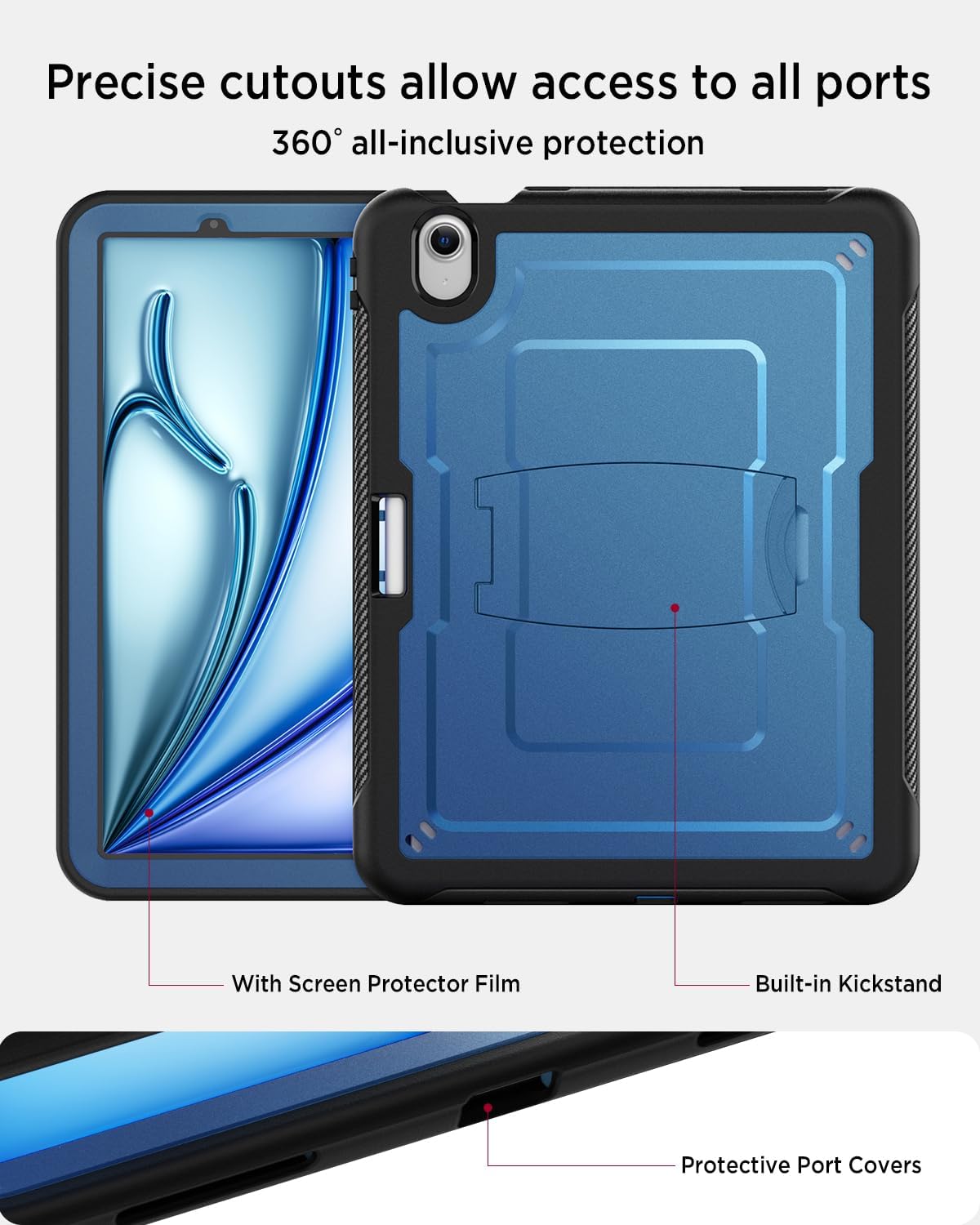 Miimall Case for iPad Air 11 Inch M3 2025/M2 2024 Pencil Holder and Crossbody Strap, Full Cover with Stand, Screen Protector, Rugged Hard PC+TPU Cover iPad Air11 Kids Pencil Holder Case, Navy Blue