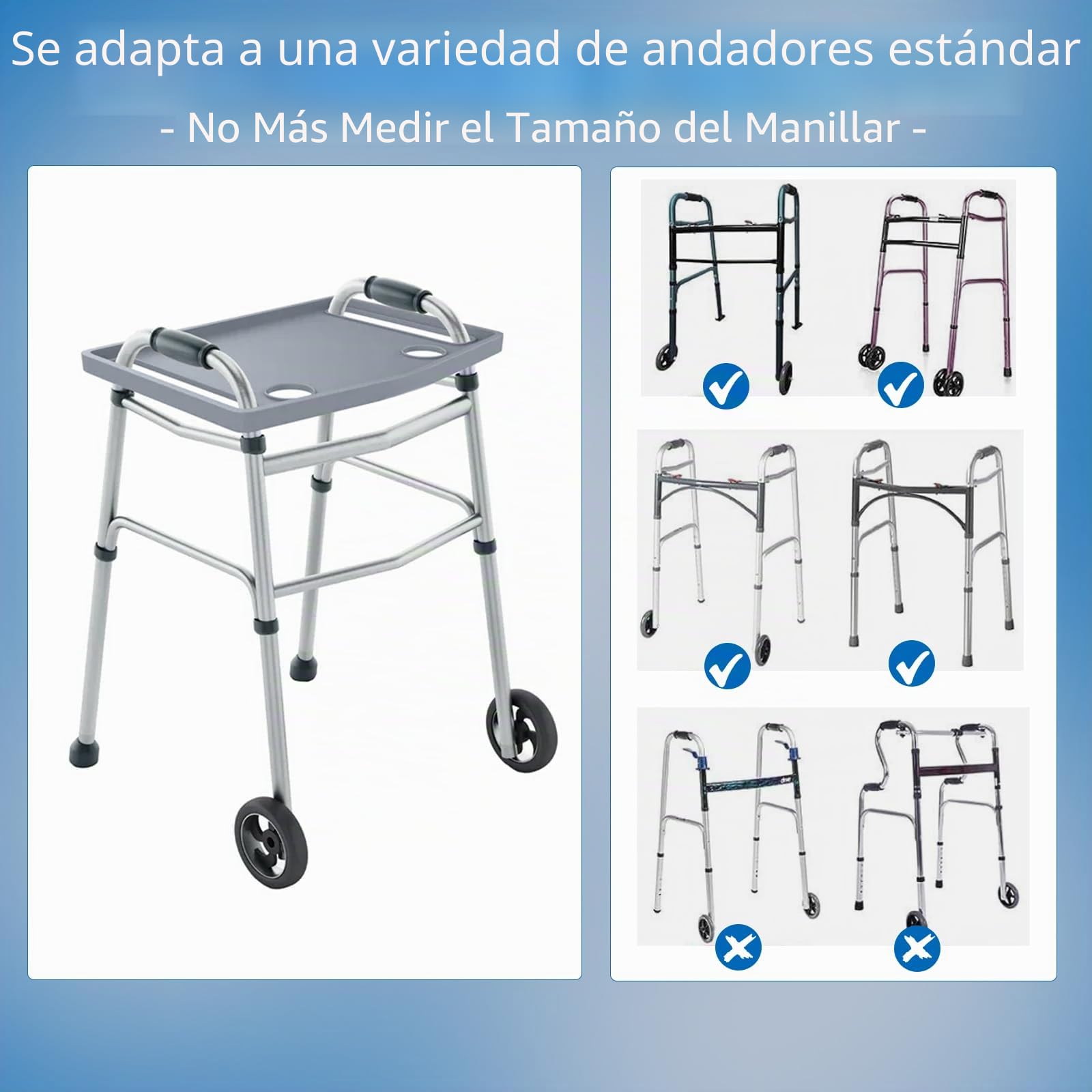 Bandeja de andador universal - guardapiernas plegables (16-19 pulgadas de ancho) para andadores y andadores, superficie antideslizante con portavasos, diseño fácil de agarrar para ancianos y discapa