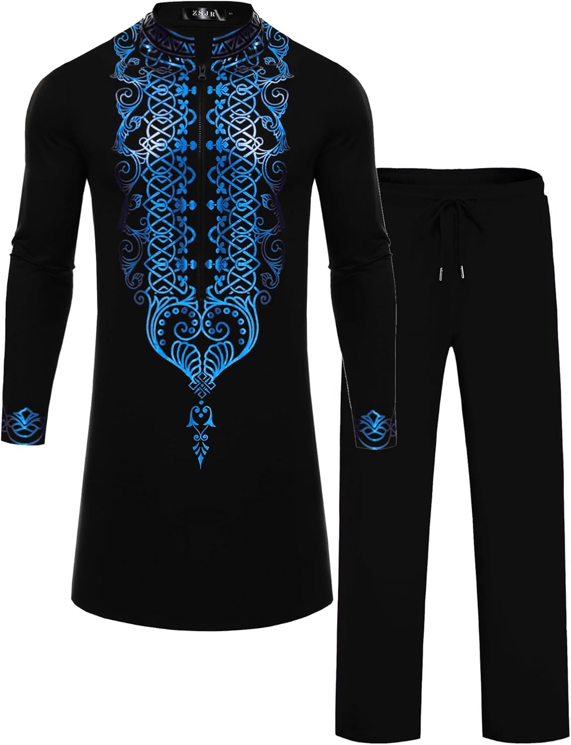 Mens African 2 Piece Set Half Zipper Nigerian Dashiki Metallic Shirt and Pants Outfit Gold Stamp Long Traditional Suit