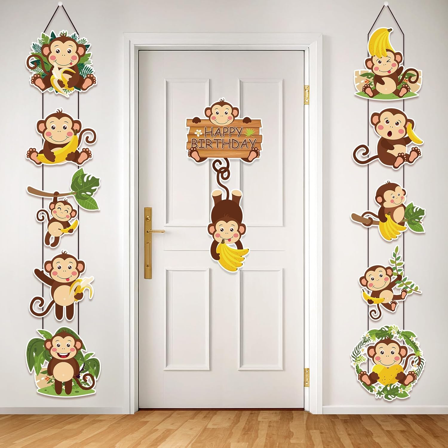 Monkey Birthday Party Decorations Jungle Animal Themed Party Door Signs Cute Monkey Cutouts Happy Birthday Banner for Indoor Outdoor Safari Themed Party Bday Baby Shower Supplies
