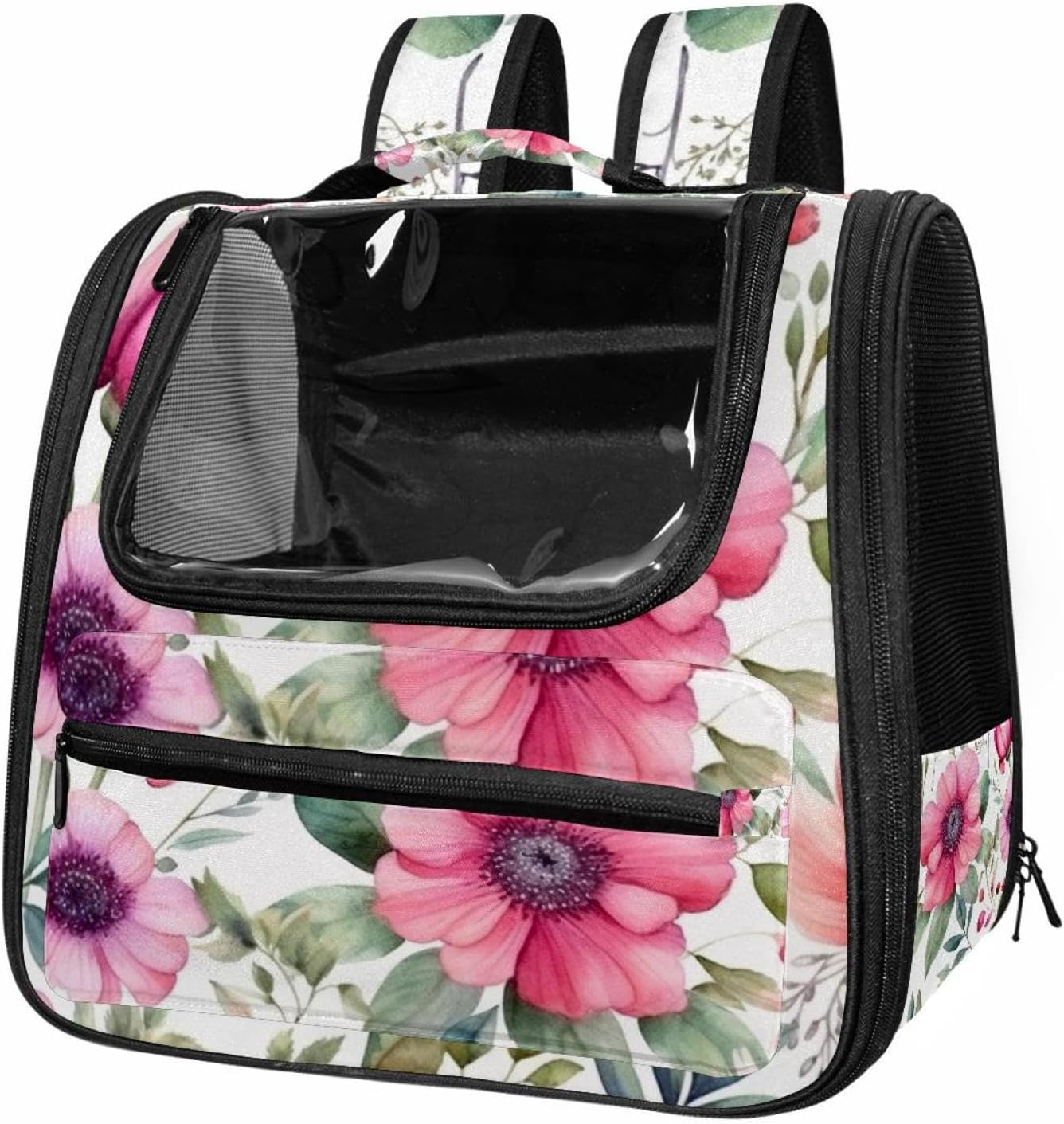 Portable Travel pet Backpack Carrier Hamster Bag Small Dog cat Carrier Breathable Hang Bag, Pink Flowers with Leaves