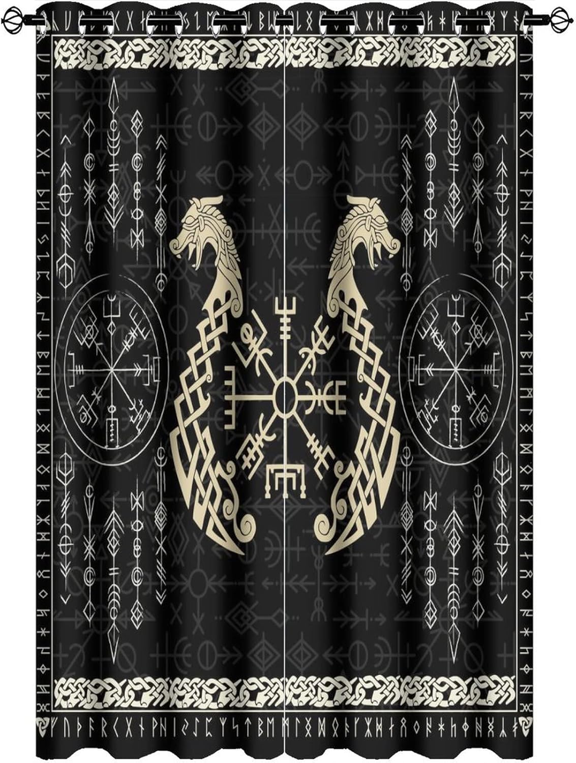 Norse Vikings Grommet Blackout Curtains for Living Room,Thermal Insulated Abstract Dragon Retro Mystical Symbol Compass Window Drapes,2 Panels 63L x 21W