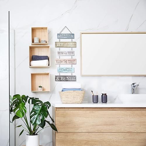 Miniatura 5 de Letreros de reglas de baño, decoración de pared de baño, 6 piezas de decoración de pared de madera de 24 x 11 pulgadas, decoración colgante de