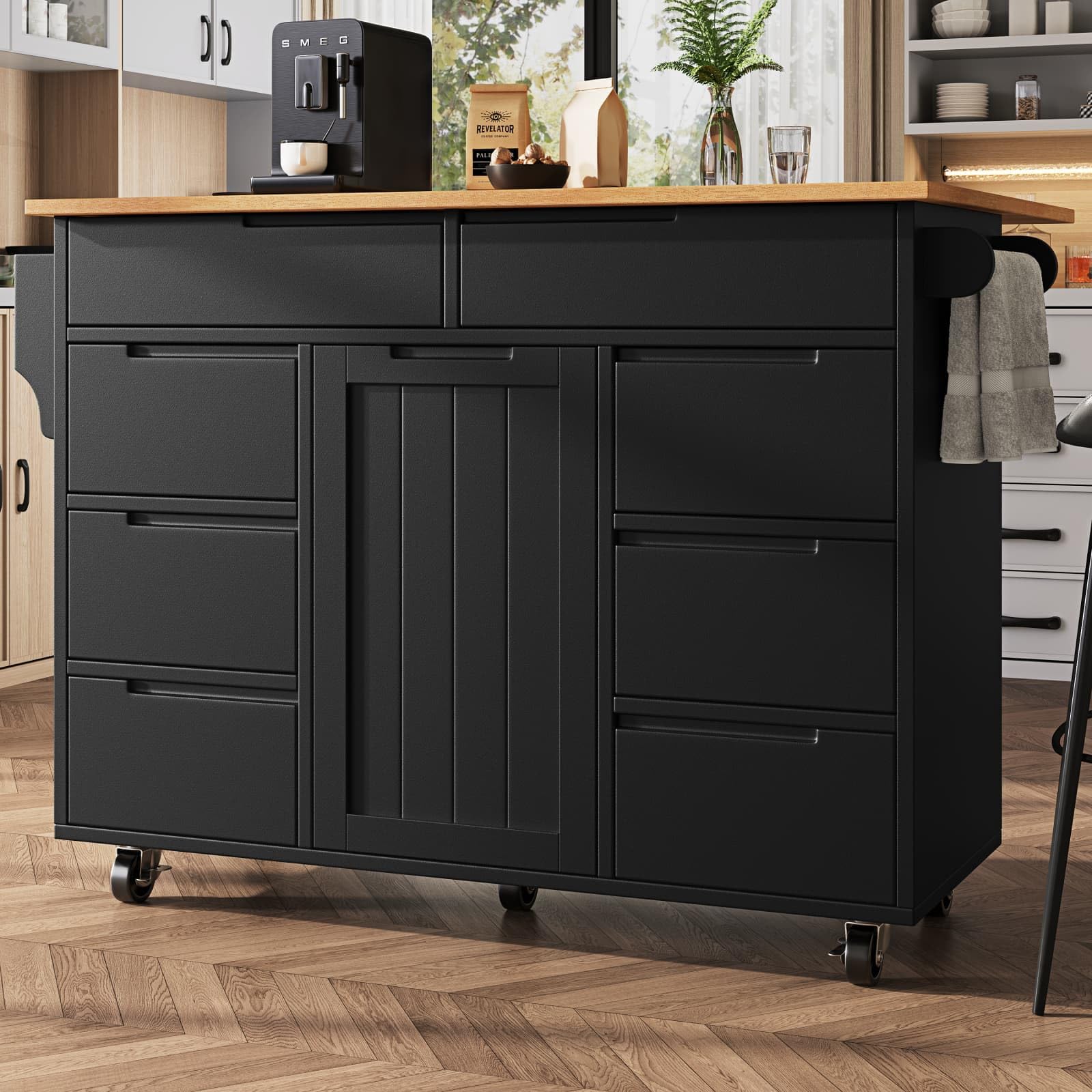 KOMHTOM ilot de Cuisine, ilot Central Cuisine, Chariot de Salle à Manger, Porte-Serviettes Latéral, Séparateurs Réglables, Plateau de Table Pliable, 2 Tiroirs, 4 Portes (Noir-7)