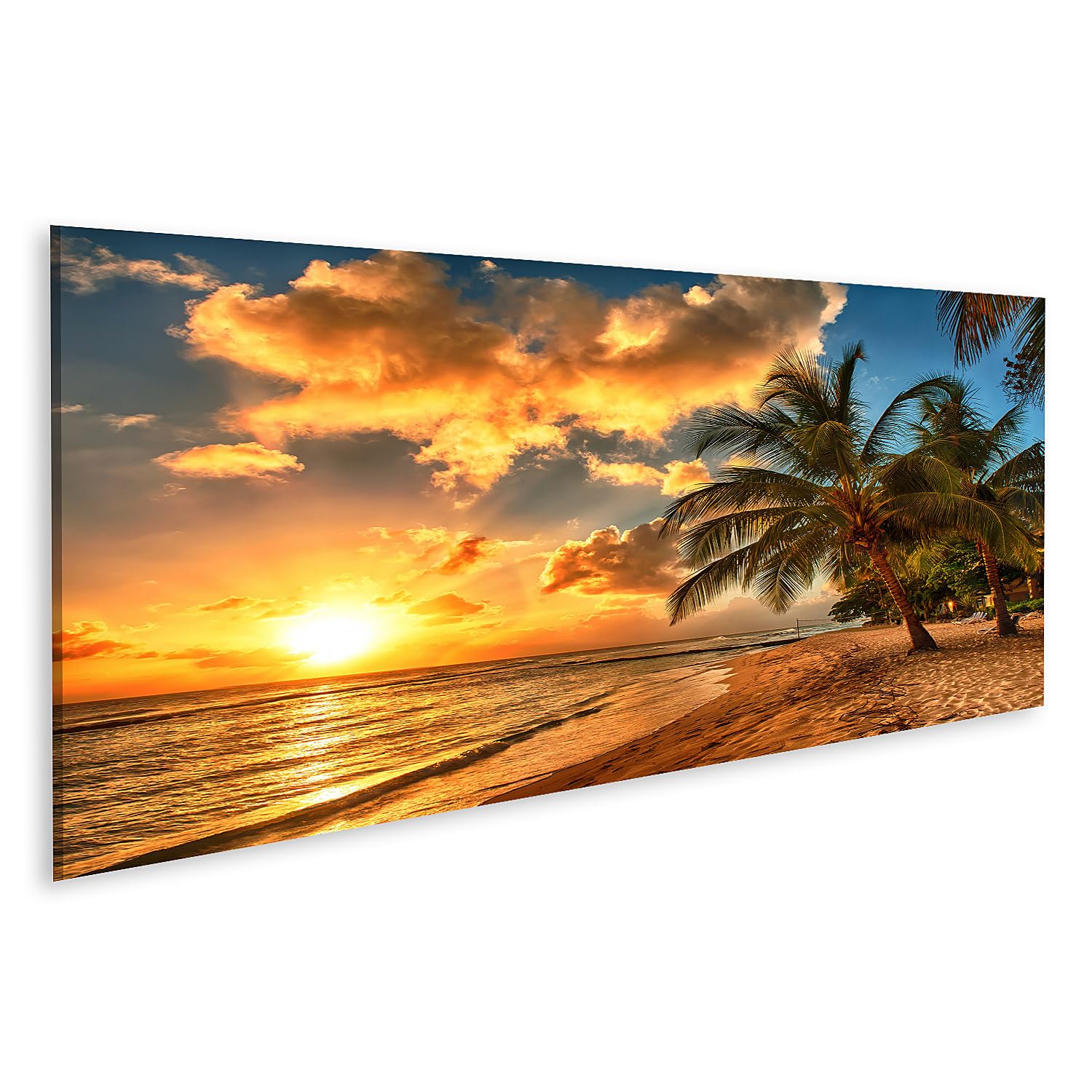 islandburner Tableau sur toile Coucher de soleil sur la plage avec palmiers - Décoration murale pour une atmosphère détendue - Panorama