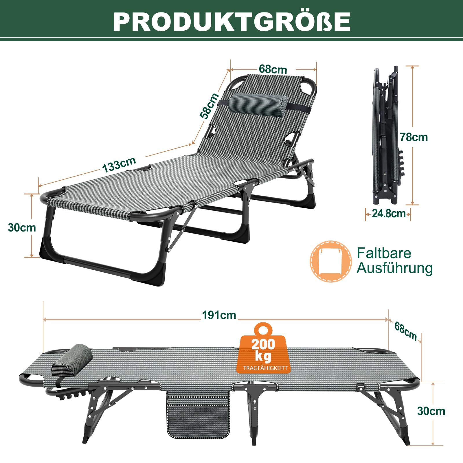 Klappbar Sonnenliege Gartenliege Klappbett, 200kg Belastbar Klappbar Liegestuhl Gästebett mit Matratze und Kopfstütze, Relaxliege für Balkon, Garten, Kann als Campingbett