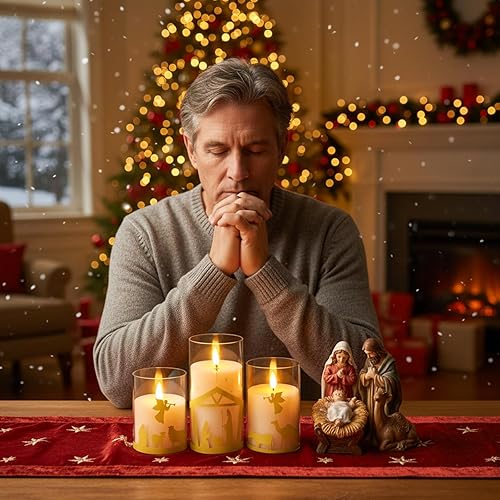 Miniatura 7 de Blosssound Paquete de 3 velas de Navidad sin llama que funcionan con pilas, velas parpadeantes sin llama para el hogar, chimenea, decoración de mesa