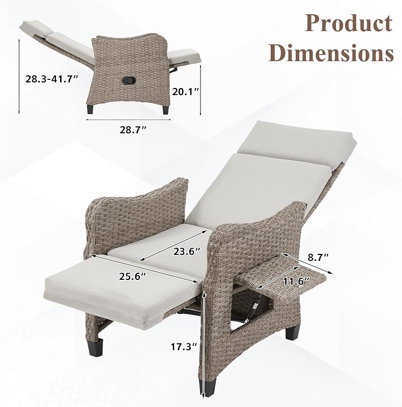 Outdoor Recliner Chair with Flip-up Table, Wicker Reclining Chair with 150°Adjustable Backrest, Rattan Armchair with Removable Cushion and Integrated Footstool for Gardens, Light Gray image 2