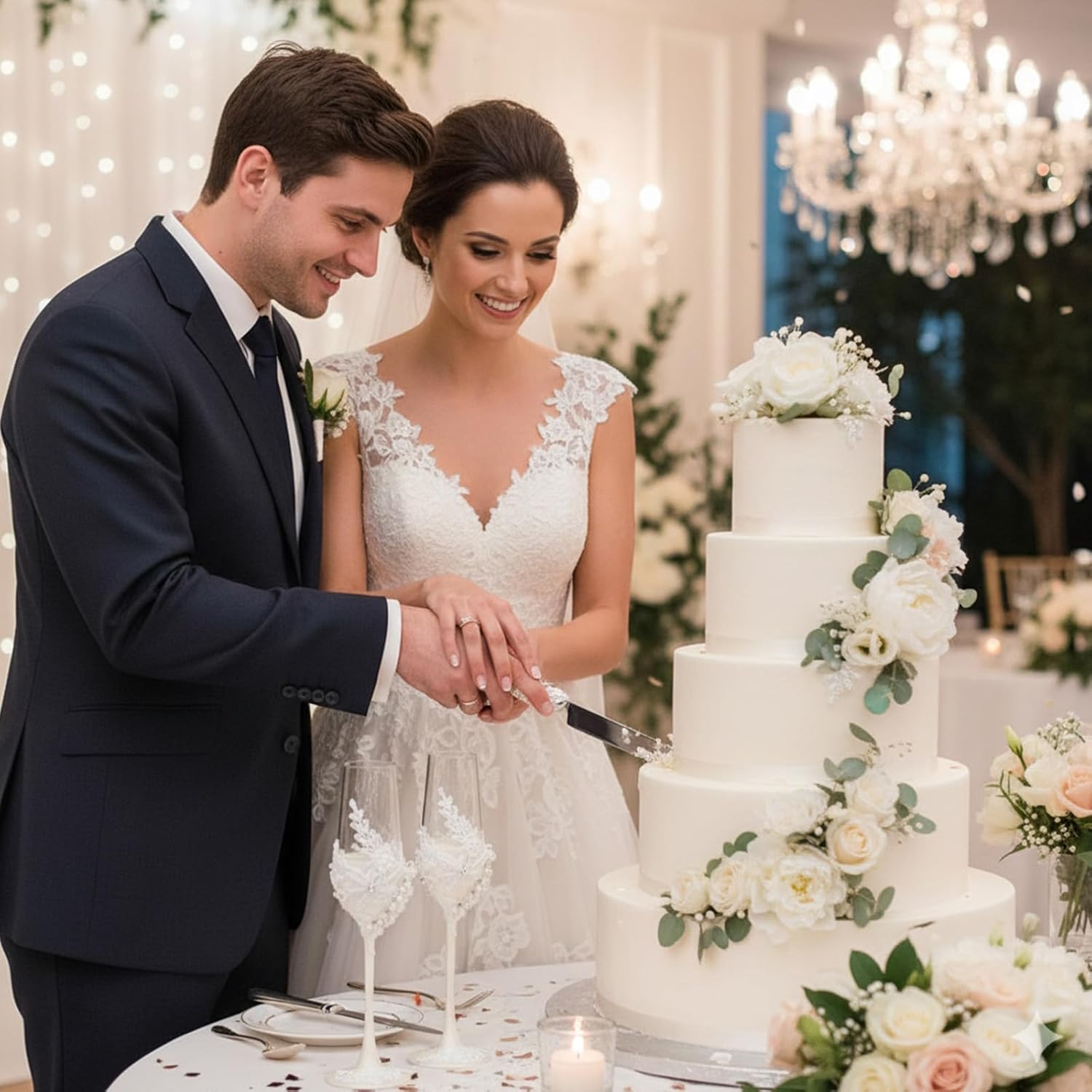 Boao Pearl Wedding Champagne Flutes and Cake Knife Server Set of 4, Champagne Flutes Toasting Glasses with Pearls for Bride and Groom Engagement Anniversary Bridal Shower Gifts (Mr and Mrs,Rose Gold) - Image 4