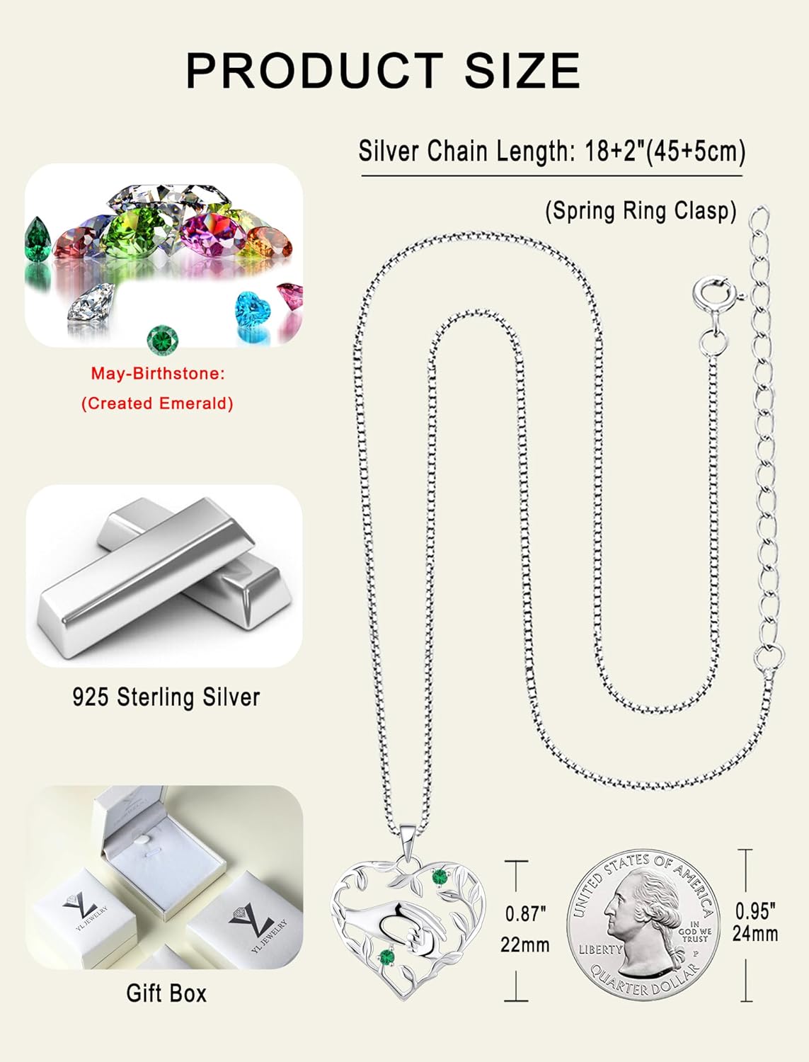 YL Heart Mother Necklace 925 Sterling Silver Mom Hand Pendant Birthstone Leaf Jewelry for Women - Image 6
