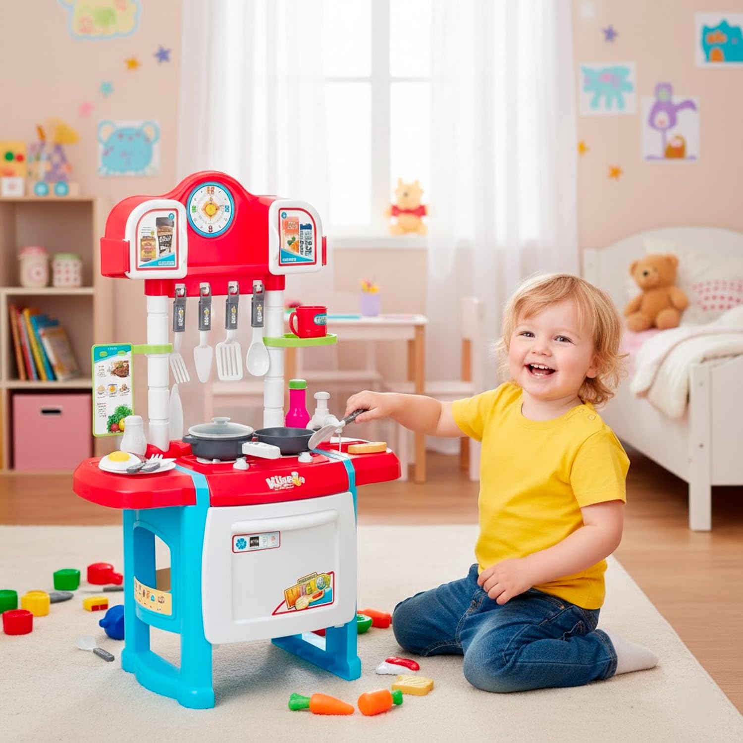 Cucina Giocattolo Per Bambini Con Luci E Suoni Realistici 18 Accessori Rubinetto Con Sistema Di Riciclo Dell'Acqua E Forno Apribile Set Cucina Educativo Per Bambini Dai 3–8 Anni (Blu)