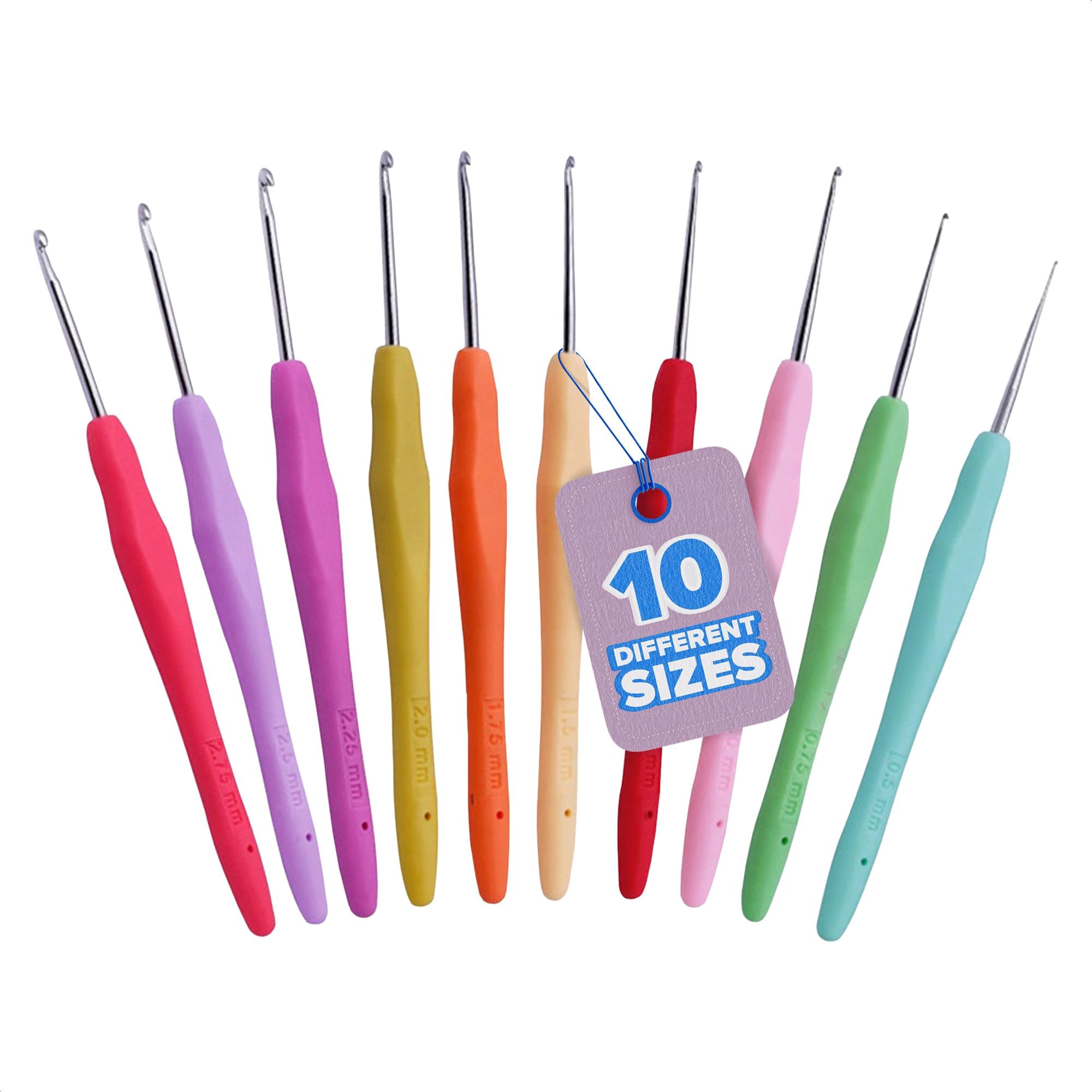 10 Pcs Lace Crochet Hooks – Small Crochet Hooks Ergonomic & Non-Slip Rubber Handle for Arthritic Hands, 0.5mm-2.75mm Multicolor Aluminum Set, Versatile Use for Yarn Projects & Crochet Kits
