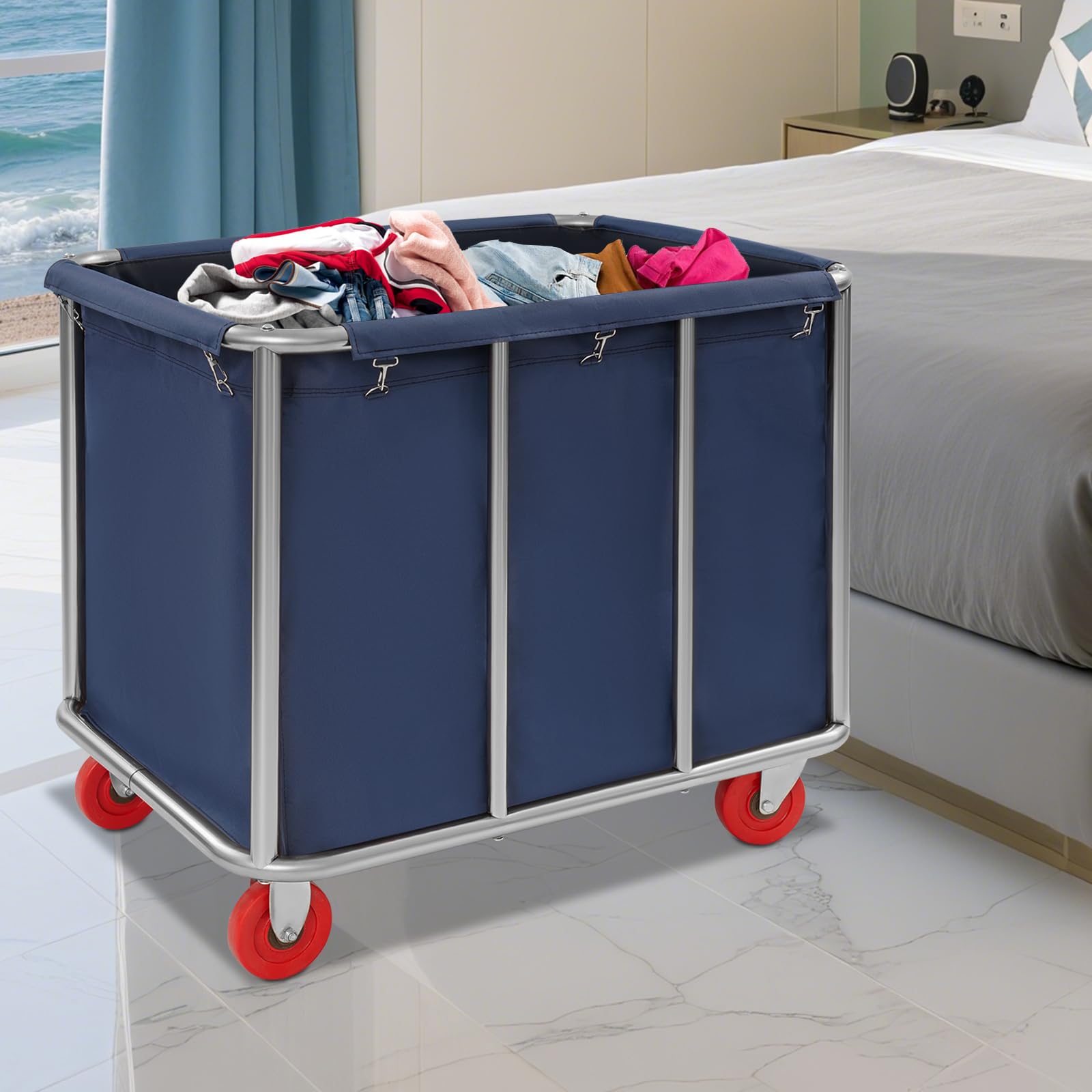 Carrito de lavandería de acero inoxidable con ruedas, capacidad de carga de hasta 200 kg, 90 x 65 x 80 cm (azul)
