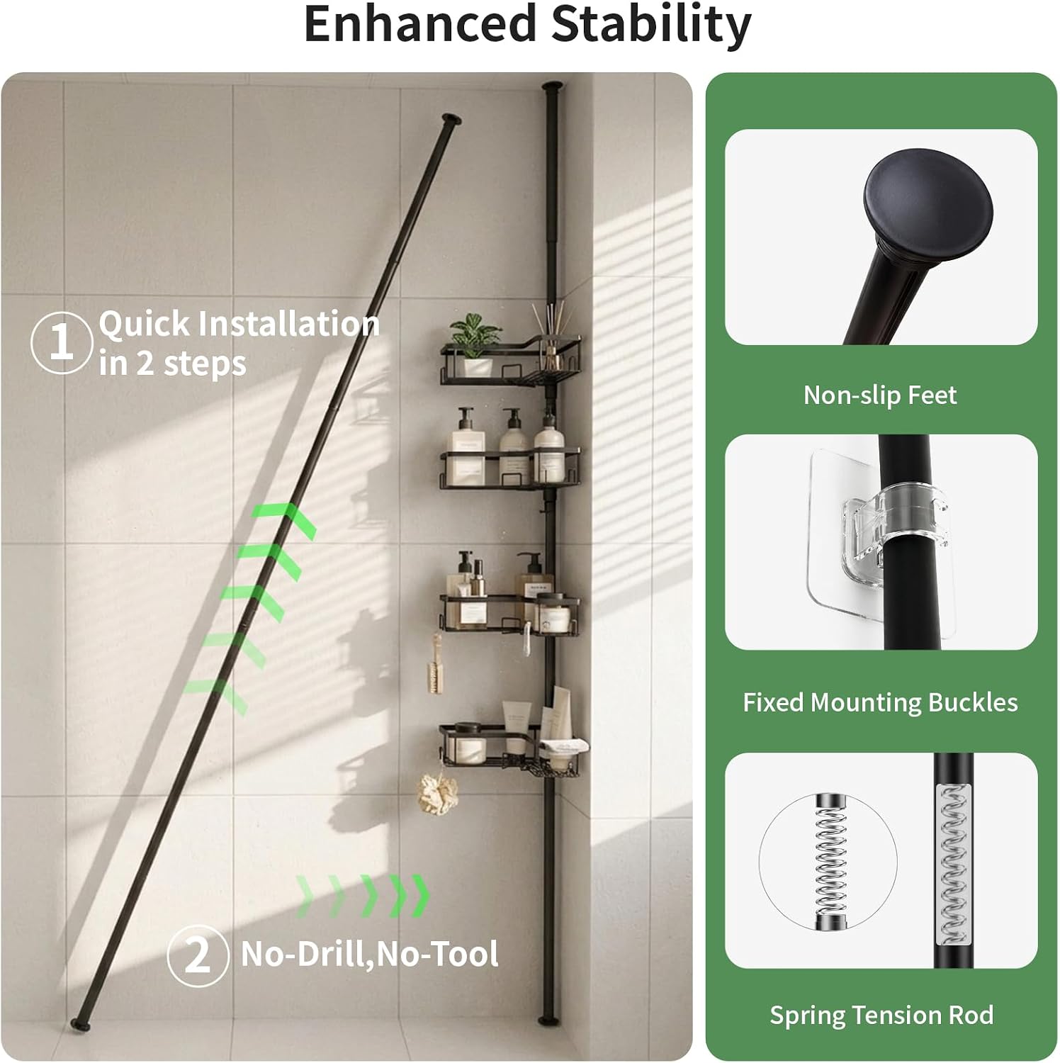 LEEDA Corner Shower Caddy Tension Pole, 4-Tier Adjustable Floor to Ceiling Bathroom Organizer， No-Drill Stand Storage Rack with Soap/Toothbrush Holder for Renters - 34-125 In Black