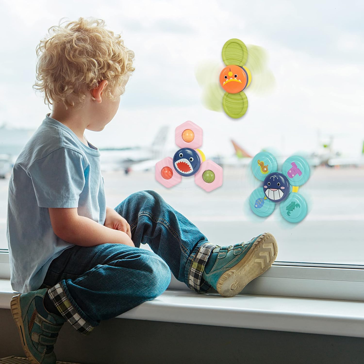 Suction Cup Spinner, 3PCS Cartoon Baby Bath Toys for 3 Year Old Boys Girls Early Learner Toy with Rotating, Rattle & Teether Dimple Fidget Spinners Gift for Months Toddler Toys