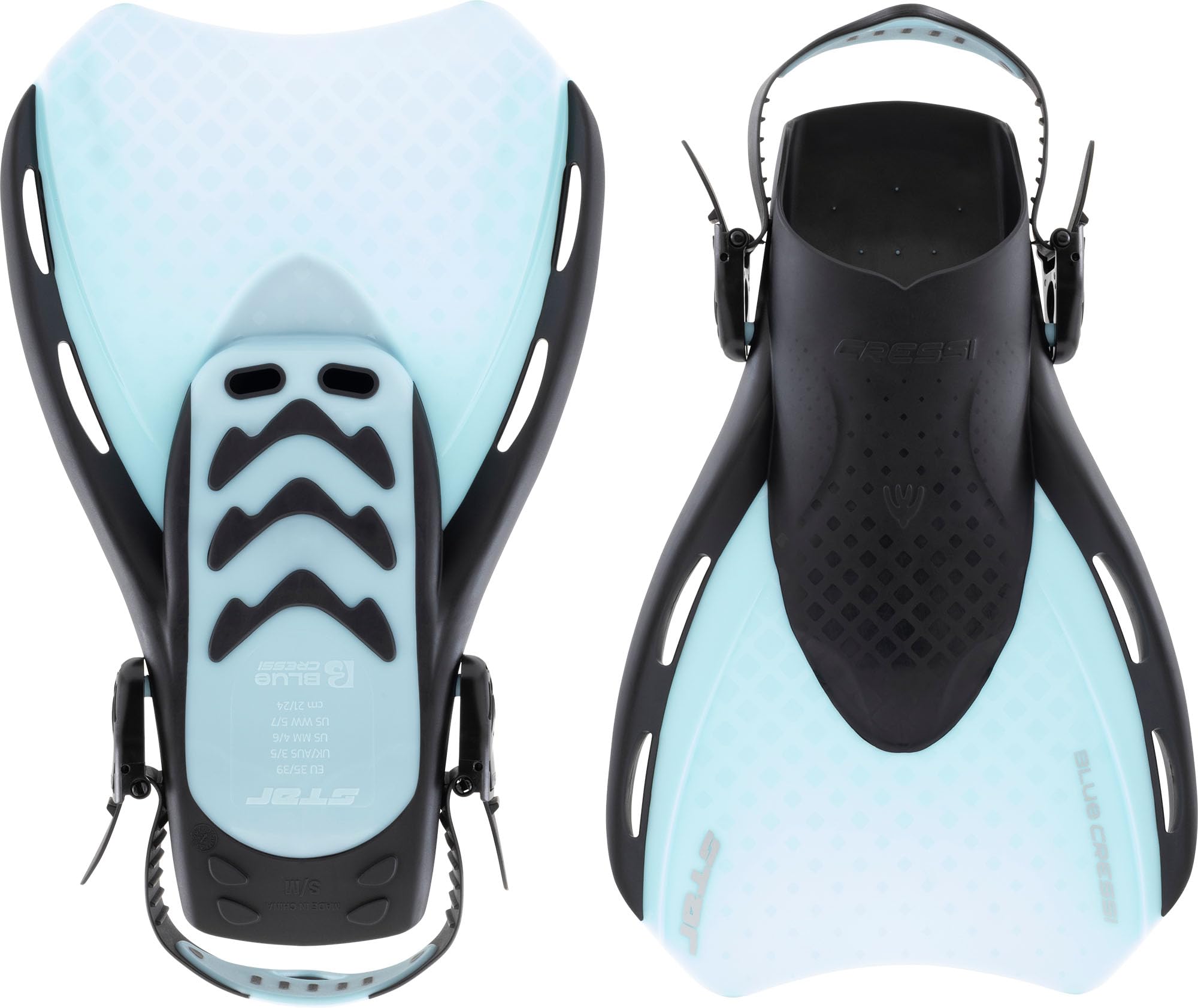 CRESSI since 1946 - Star Fins - Compact Adjustable Fin with a Powerful Vented Blade and a Comfortable Open Heel Foot Pocket - Black/Cyan - L/XL_EU 44/48 - Adults