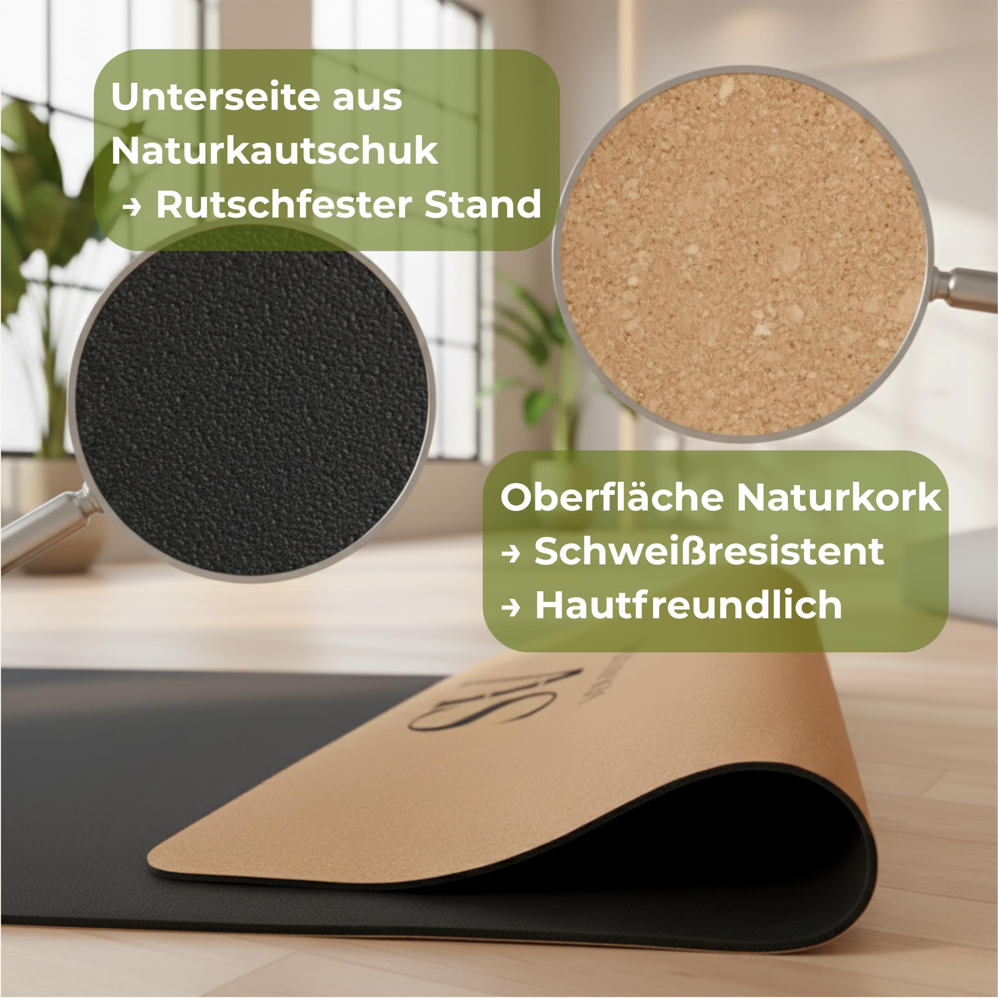 Kork Yogamatte hochwertig 183×68×4,5 mm – Feiner Naturkork & Naturkautschuk – extra breit, rutschfest & schweißresistent – nachhaltige Yoga Matte für Vinyasa, Yin, Pilates, Fitness uvm.