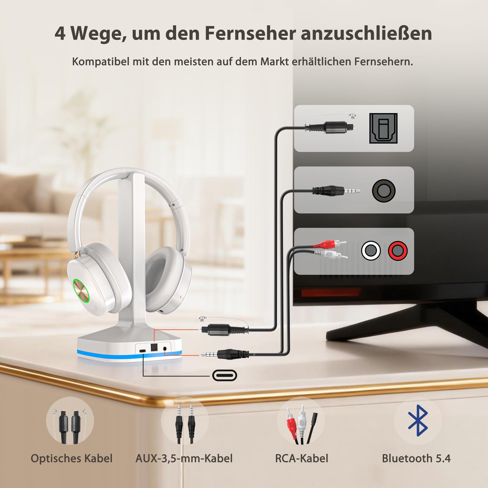 Earbay TV Kopfhörer kabellos,Fernsehkopfhörer, Funkkopfhörer für Fernseher mit Sender-Ladestation, 3 Audiomodi, Keine Verzögerung, Über-Ohr für Senioren, Plug and Play, Weiß
