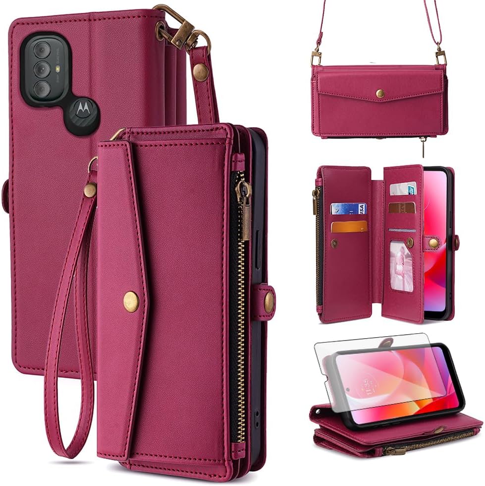Asuwish Phone Case for Motorola Moto G Power 2022/MotoG Play 2023/G Pure 2021 Zipper Wallet Cover with Screen Protector and Leather Card Holder Slot Stand Wrist Strap XT2165DL XT2163DL Women Wine Red