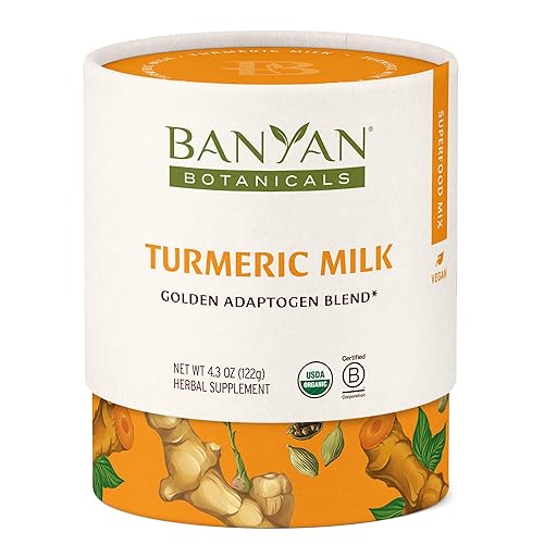 Banyan Botanicals Leche de cúrcuma Mezcla de leche de cúrcuma orgánica con Ashwagandha y cardamomo Leche dorada instantánea sin cafeína endulzada