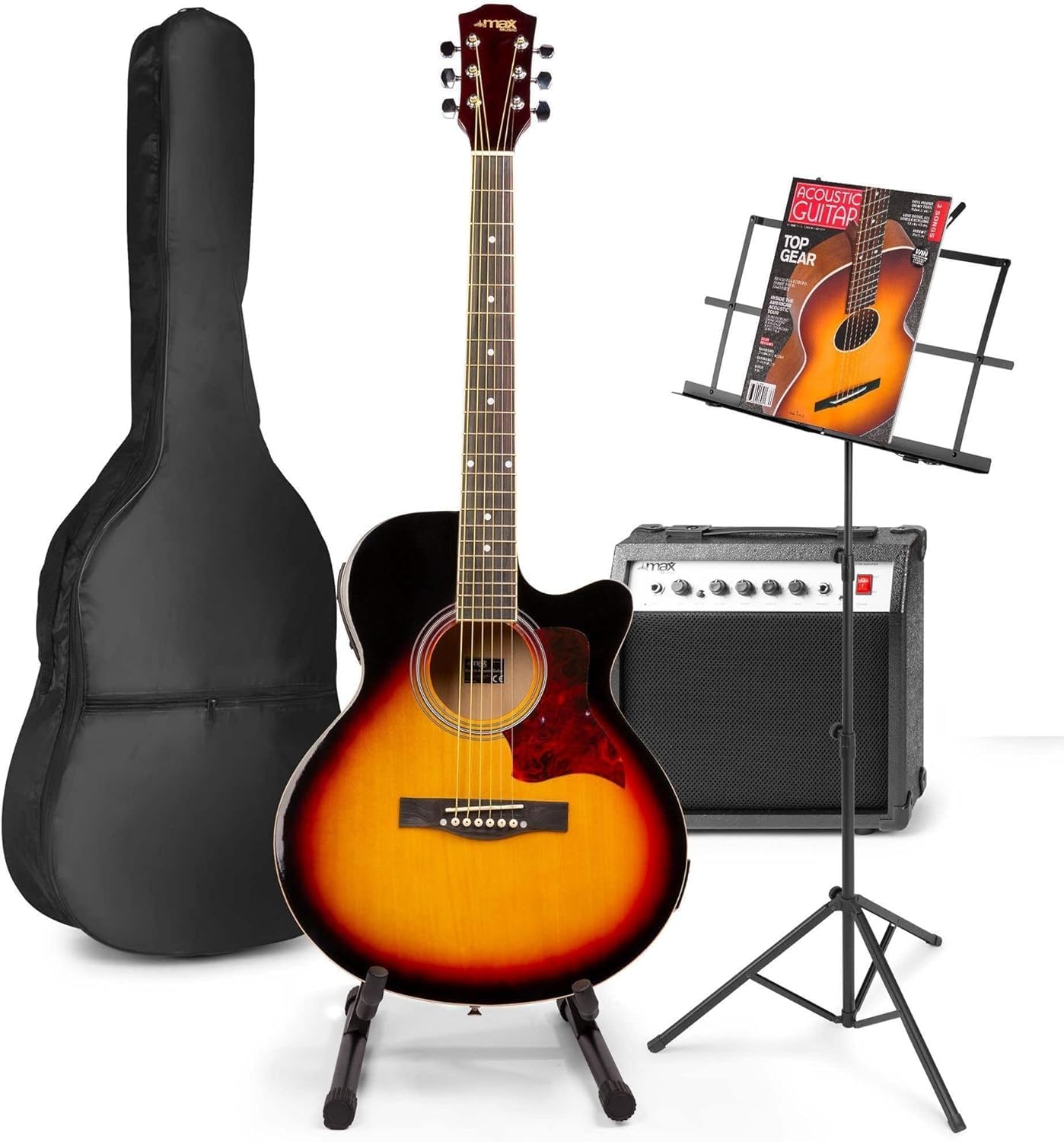 MAX ShowKit Guitare Électrique Acoustique avec Guitare et Pupitre - Sunburst, Idéal pour Débuter la Guitare