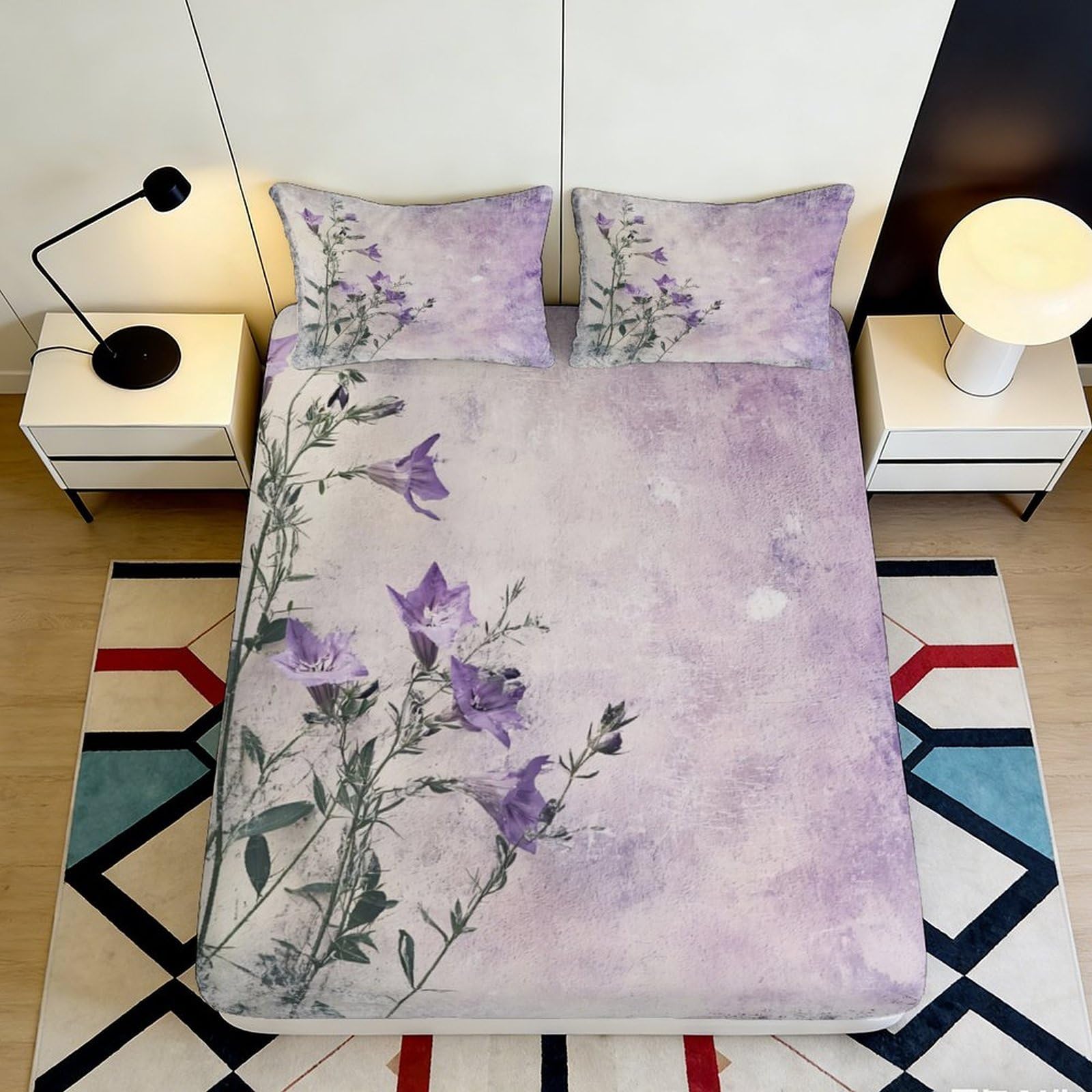 Pnayamiorkfel Style-1 3D Printed Purple Bellflower Fitted Sheet Microfiber Soft Bed Cover For Bedroom Guest Room Dustproof Decor 90X200x25cm