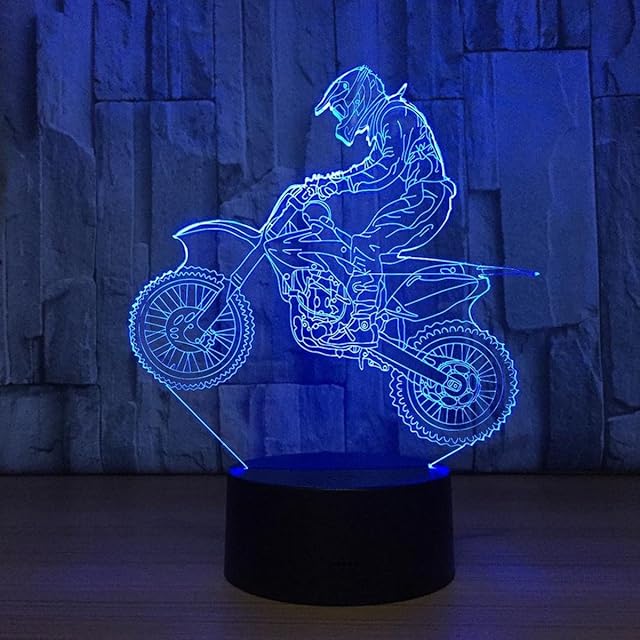 3D LED Illusion Lamp Night Light, EASEHOME Optical Bedside Table Night Lights Illuminating Kids Lamp 7 Colour Changing Touch Button 1.5M USB Cable Decoration Desk Lamps, Motocross Bike