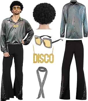Costume Disco Homme 17 Pièces - Chemise, Pantalon évasé, Perruque Et Accessoires Pour Fête 70s/80s