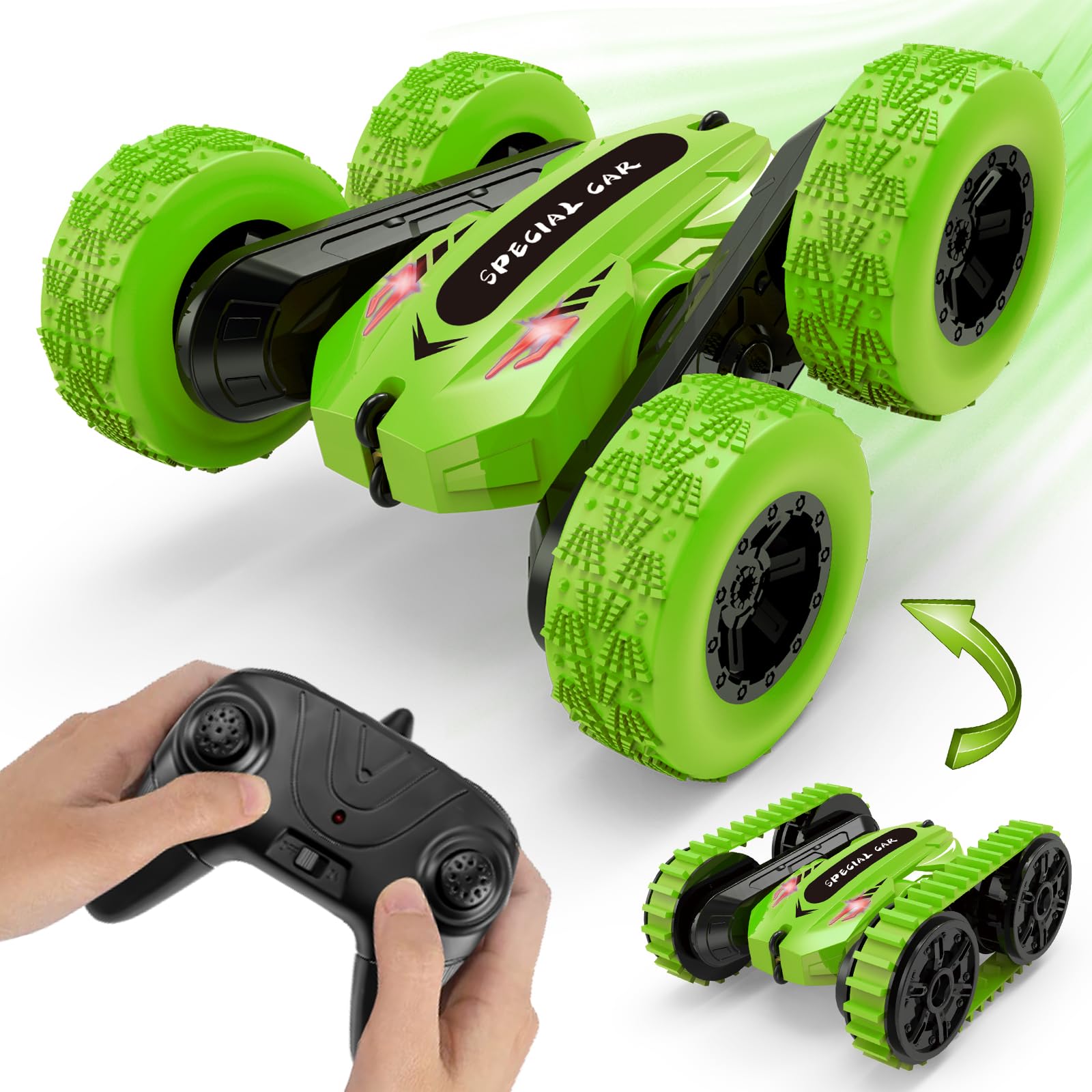 WISHTIME Remote Control Cars, RC Stunt Car, 4WD 2.4 Ghz Remote Control Car with LED Light, 360Double Side Flips RC Car Gifts for Boys Girls Kids Age 6+, Green