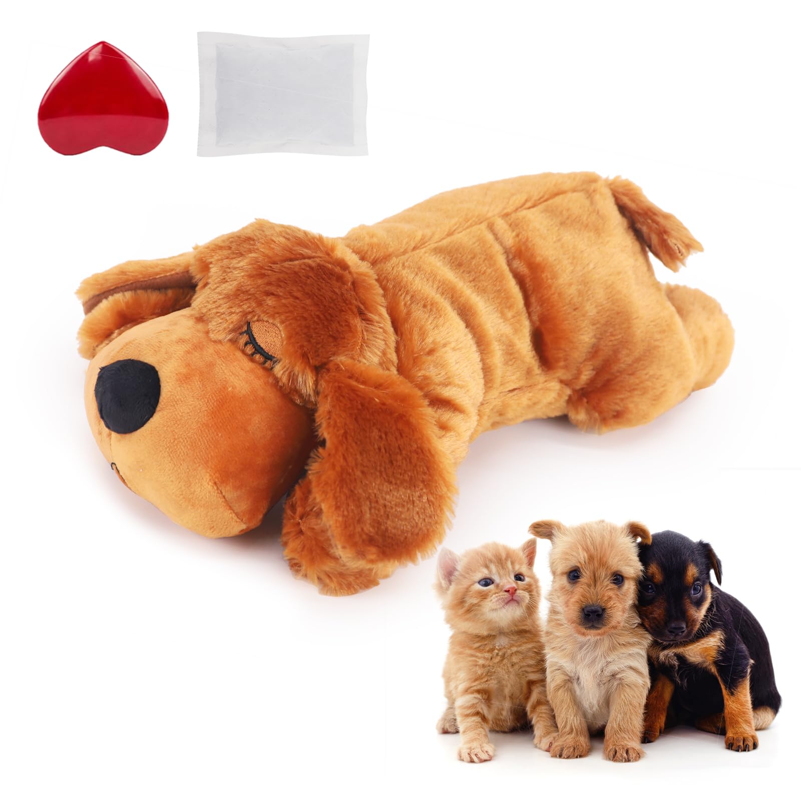Heartbeat Dog Toy, Relieving Dog Anxiety Toy with Calming Heartbeats Sound for Puppies Dogs Cats Separation Anxiety, Puppy Heartbeat Comforter for Behavioral Training (Washable, Brown)
