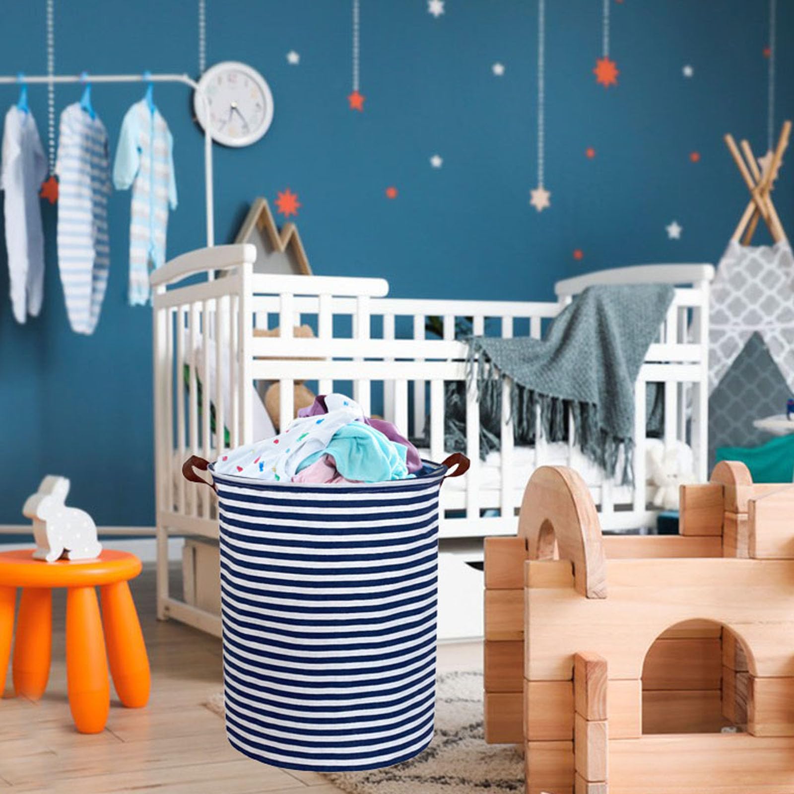Photo 1 of Essme Laundry Hamper, Navy Blue Stripes, Collapsible Canvas Fabric