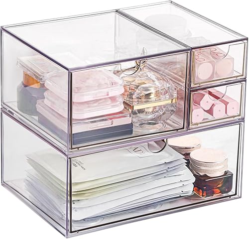 Miniatura 4 de Organizador de cajones de maquillaje, organizador de cajones de escritorio con 4 cajones, 3 tamaños diferentes, adecuado para escritorio de oficina,