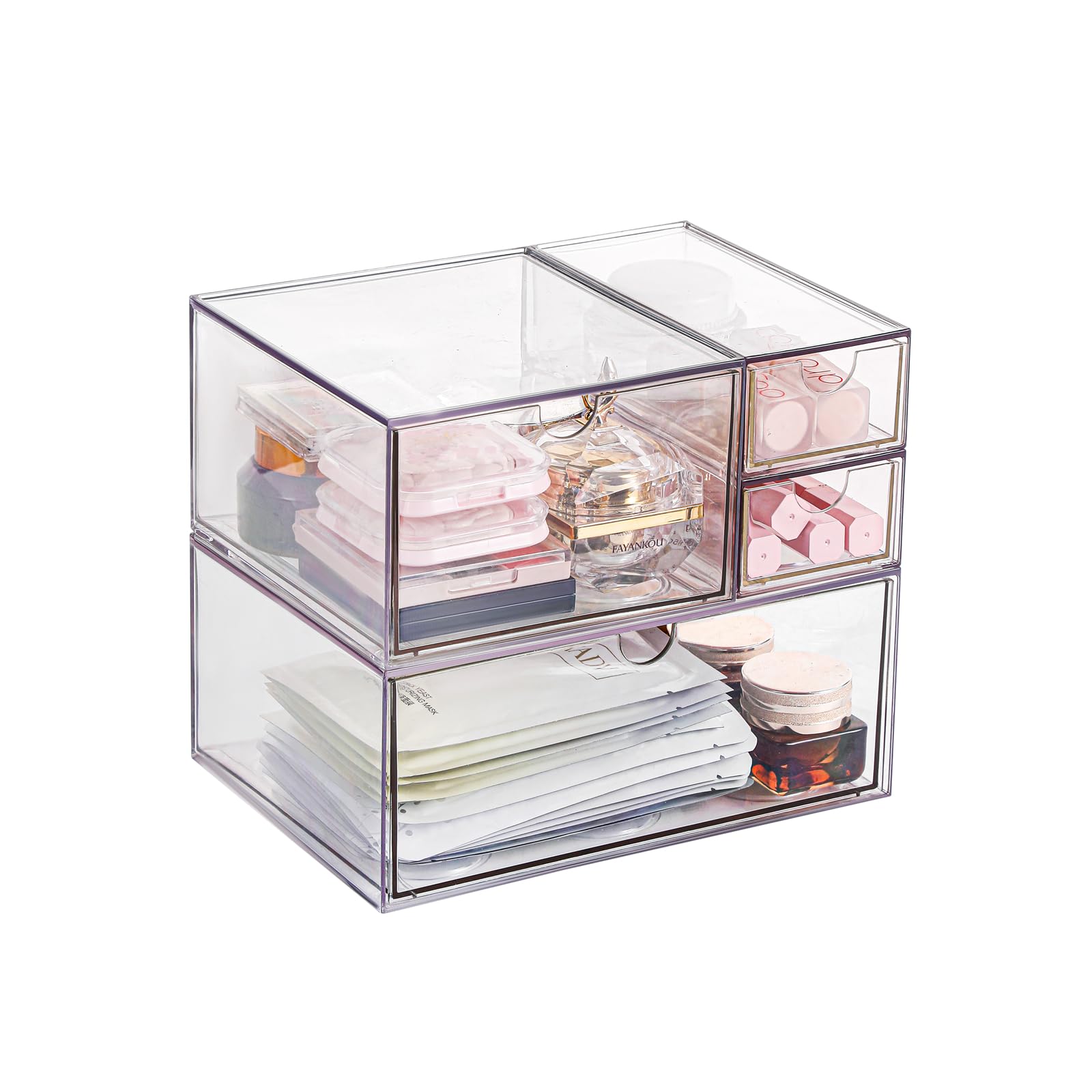 WUHUME Makeup Drawer Organizer, Desk Drawer Organizer With 4 Drawers, 3 Different Sizes, Suitable For Office Desk, Bathroom, Bedroom, Jewelry, Stationery, Handicraft Storage And Organization
