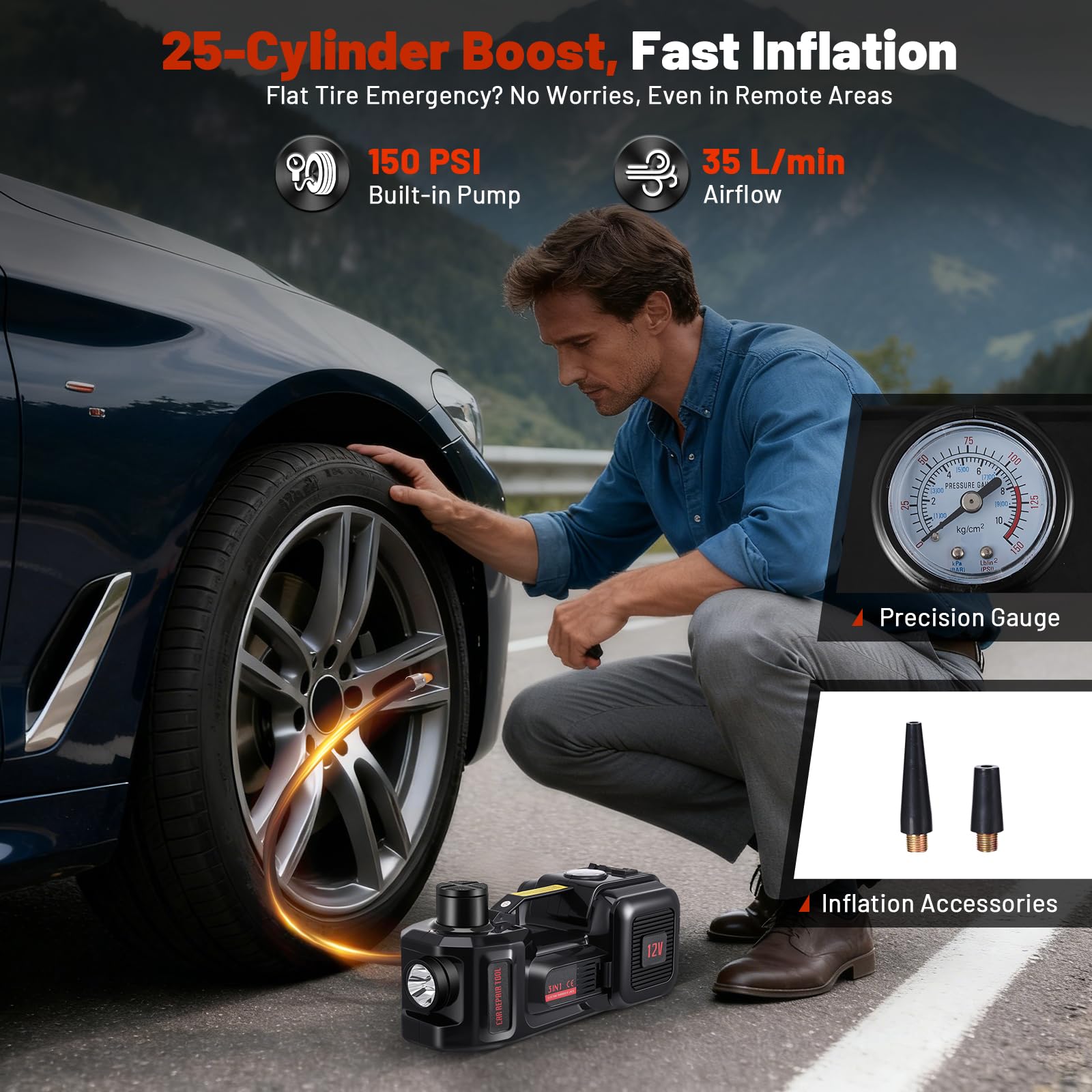 Gato eléctrico 5T, elevación 155-450 mm, operación con un botón, alimentación dual, con llave de impacto y compresor de aire, maletín portátil, 3 en 1 para mantenimiento de vehículos (negro)