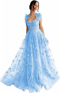 3D Butterfly Tulle Prom Dresses for Women 2025 Long Lace Applique Ball Gown Formal Evening Party Gown with Slit - Buy now